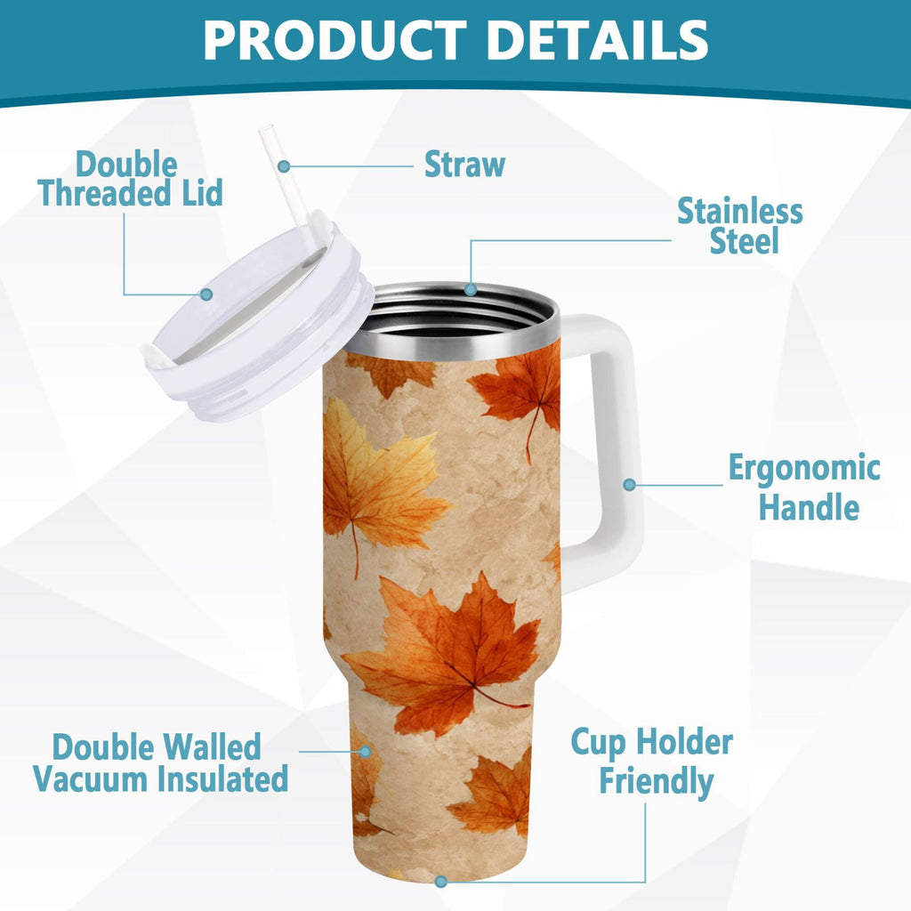 40 oz Insulated Stainless Steel Tumbler Double Wall Stainless Steel Tumbler with 2-Way Drinking Orange Autumn Leaves Pattern M478U