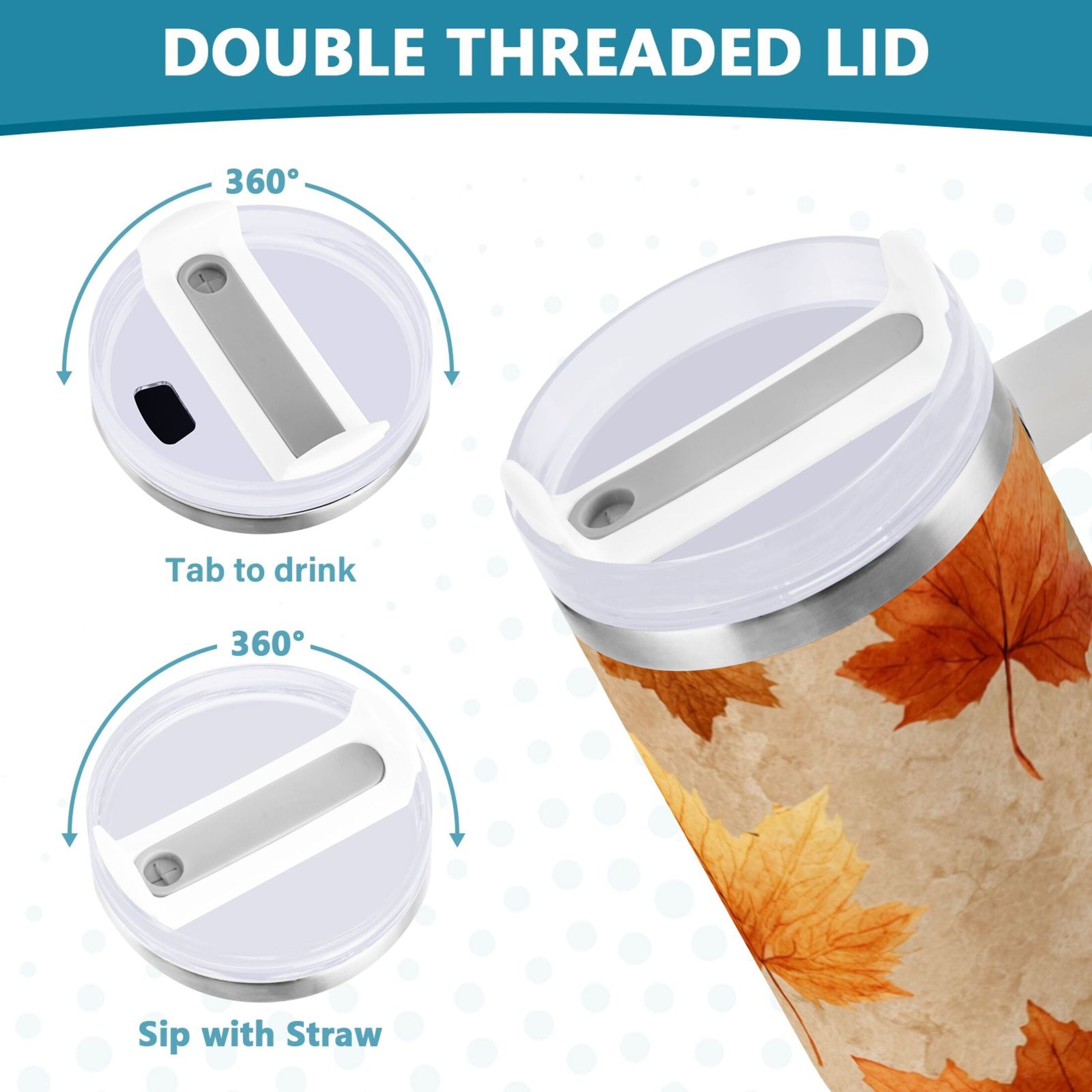 40 oz Insulated Stainless Steel Tumbler Double Wall Stainless Steel Tumbler with 2-Way Drinking Orange Autumn Leaves Pattern M478U
