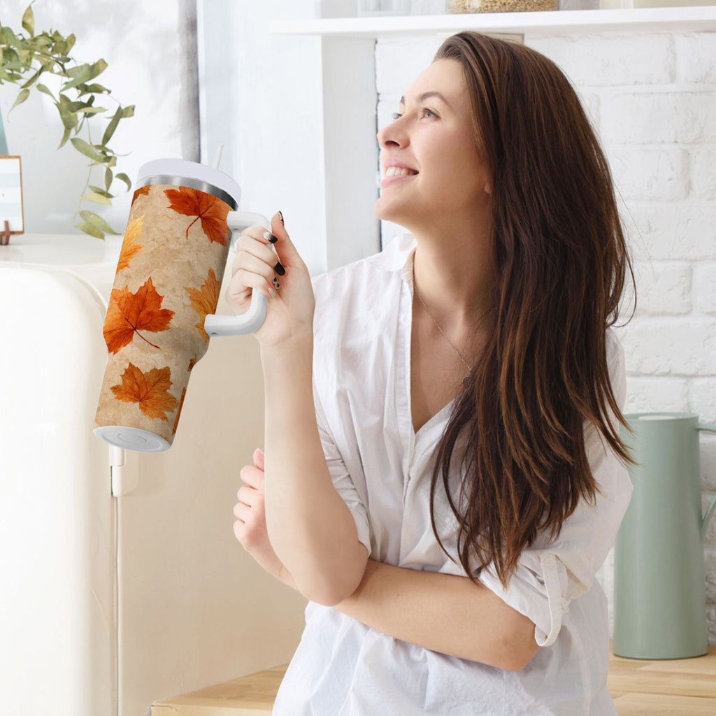 40 oz Insulated Stainless Steel Tumbler Double Wall Stainless Steel Tumbler with 2-Way Drinking Orange Autumn Leaves Pattern M478U