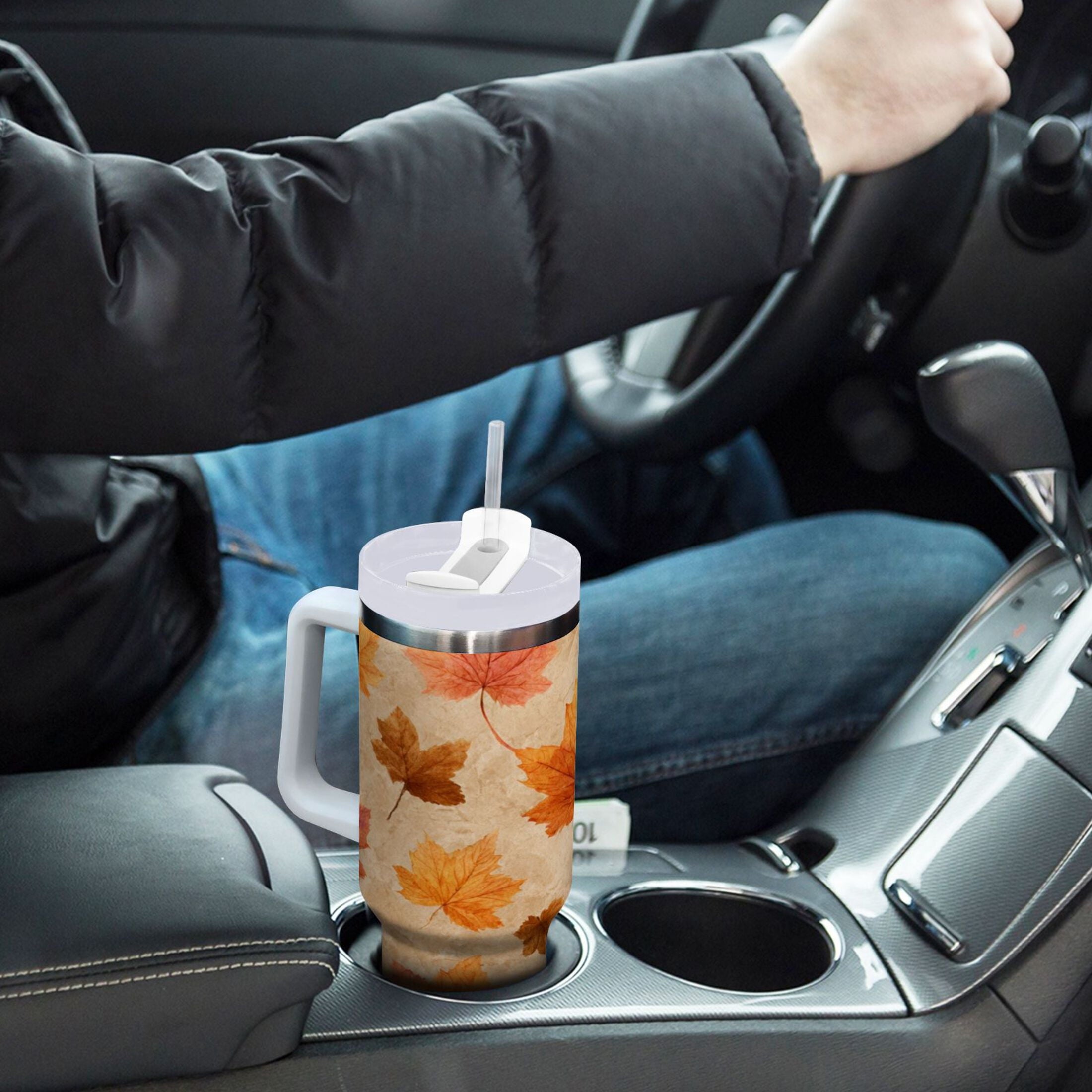 40 oz Insulated Stainless Steel Tumbler Double Wall Stainless Steel Tumbler with 2-Way Drinking Orange Autumn Leaves Pattern M478U