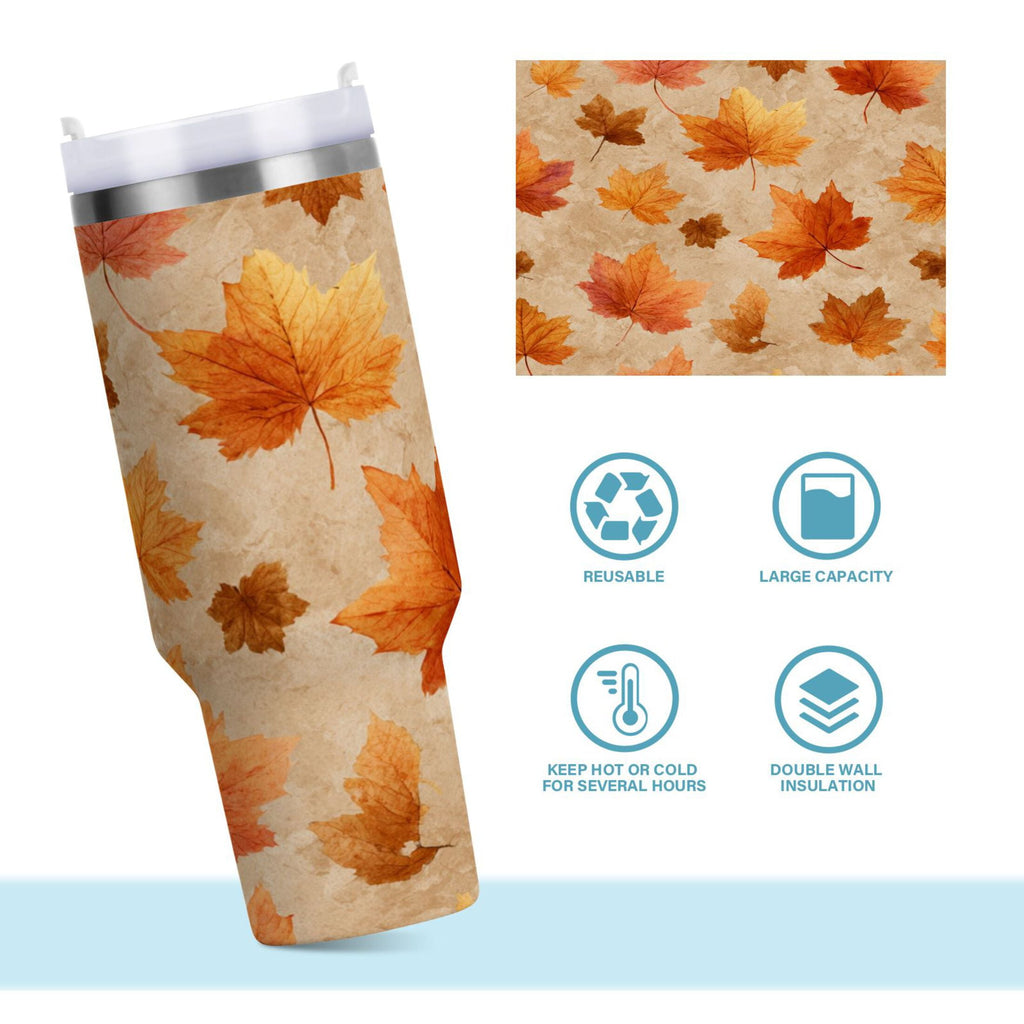 40 oz Insulated Stainless Steel Tumbler Double Wall Stainless Steel Tumbler with 2-Way Drinking Orange Autumn Leaves Pattern M478U