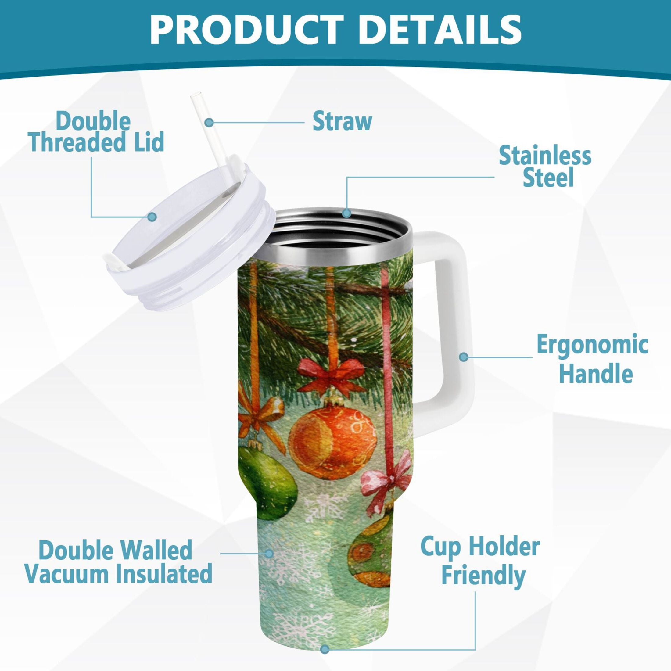 30 oz Insulated Stainless Steel Tumbler Double Wall Stainless Steel Tumbler with 2-Way Drinking Christmas Ornaments Watercolor Painting M639P