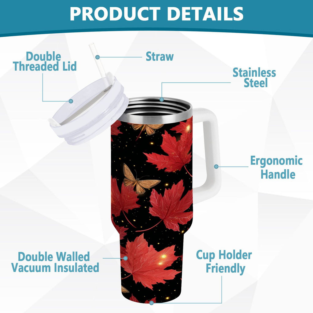 40 oz Insulated Stainless Steel Tumbler Double Wall Stainless Steel Tumbler with 2-Way Drinking Maple Leaves and Fireflies M516Q
