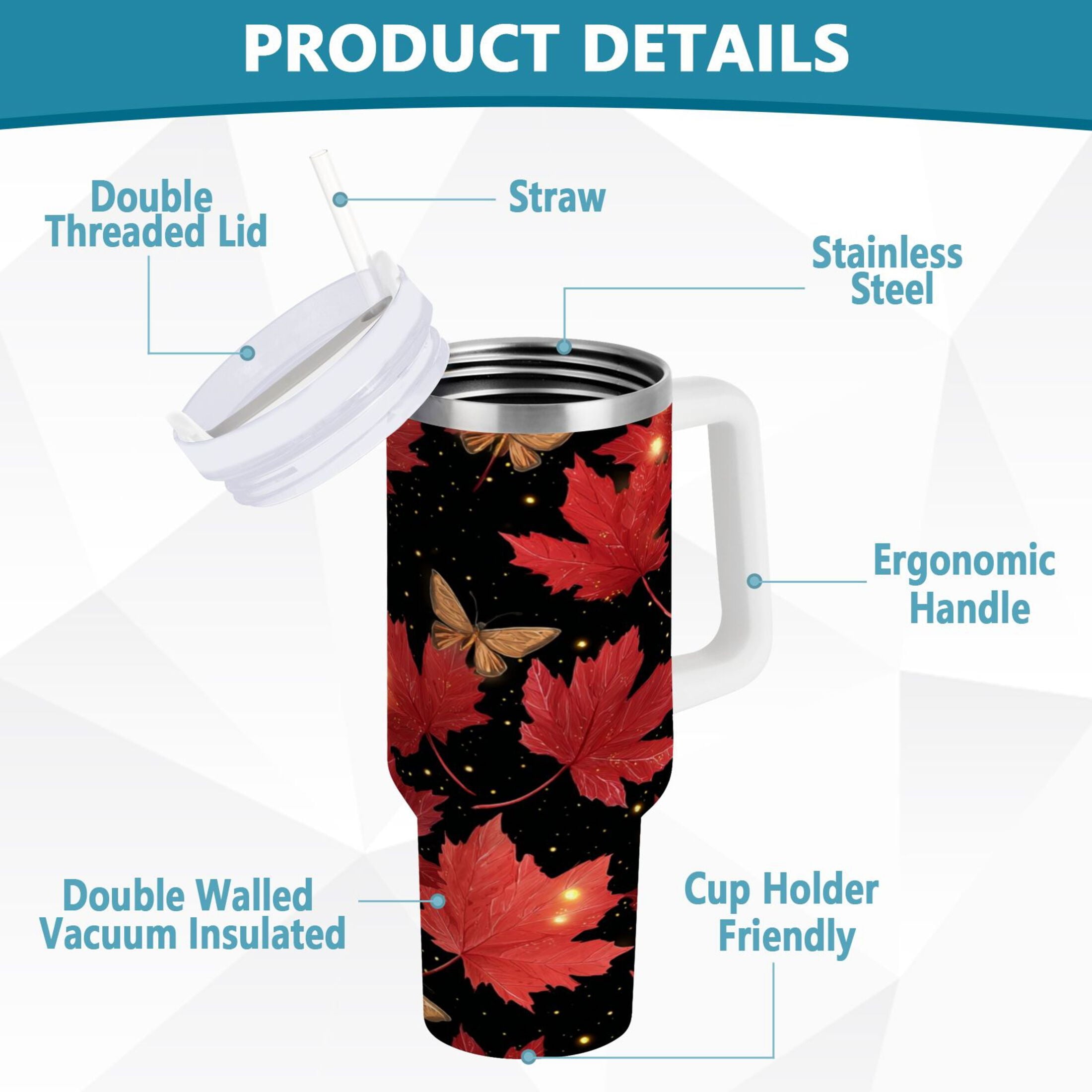 40 oz Insulated Stainless Steel Tumbler Double Wall Stainless Steel Tumbler with 2-Way Drinking Maple Leaves and Fireflies M516Q