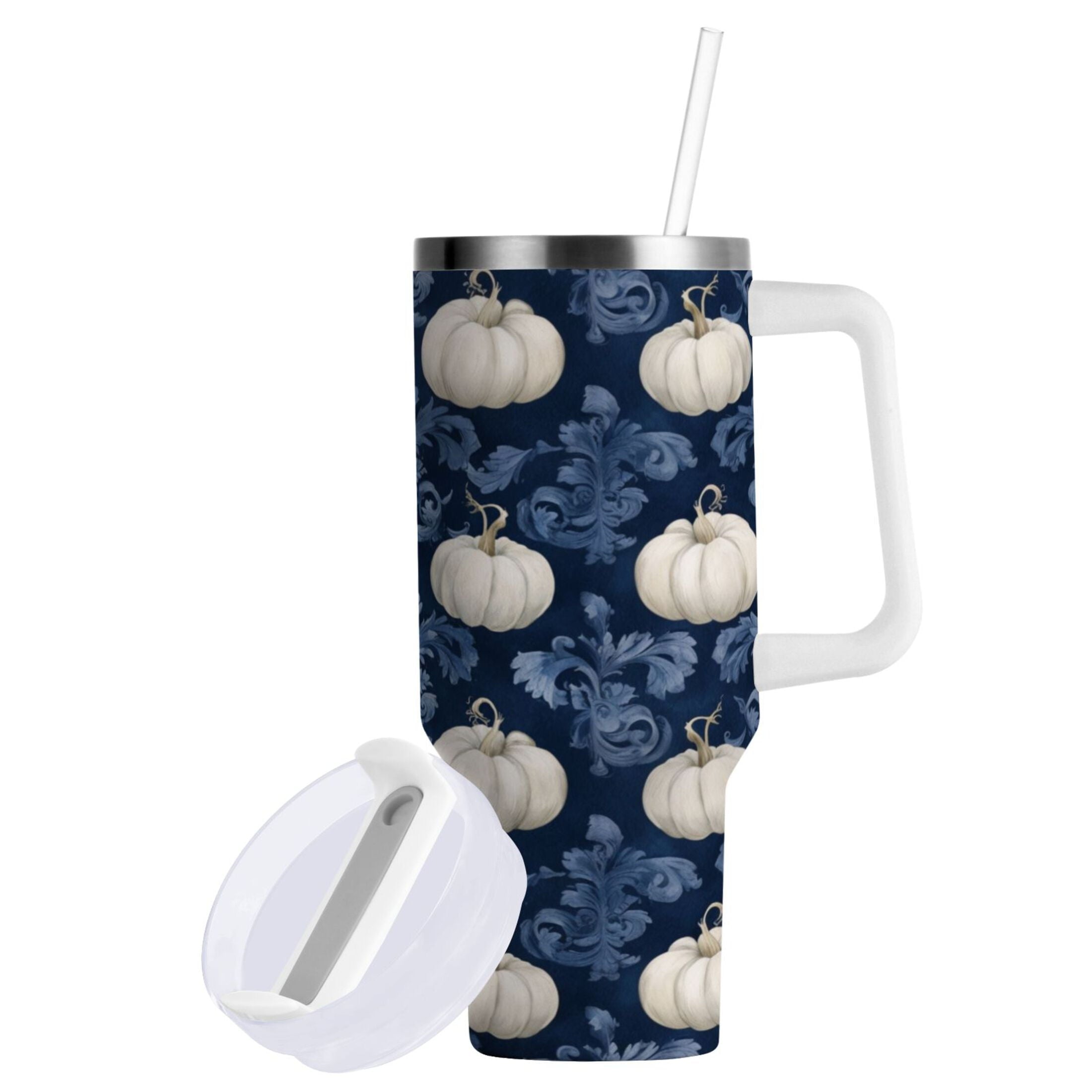 30 oz Insulated Stainless Steel Tumbler Double Wall Stainless Steel Tumbler with 2-Way Drinking Watercolor White Pumpkins M446E