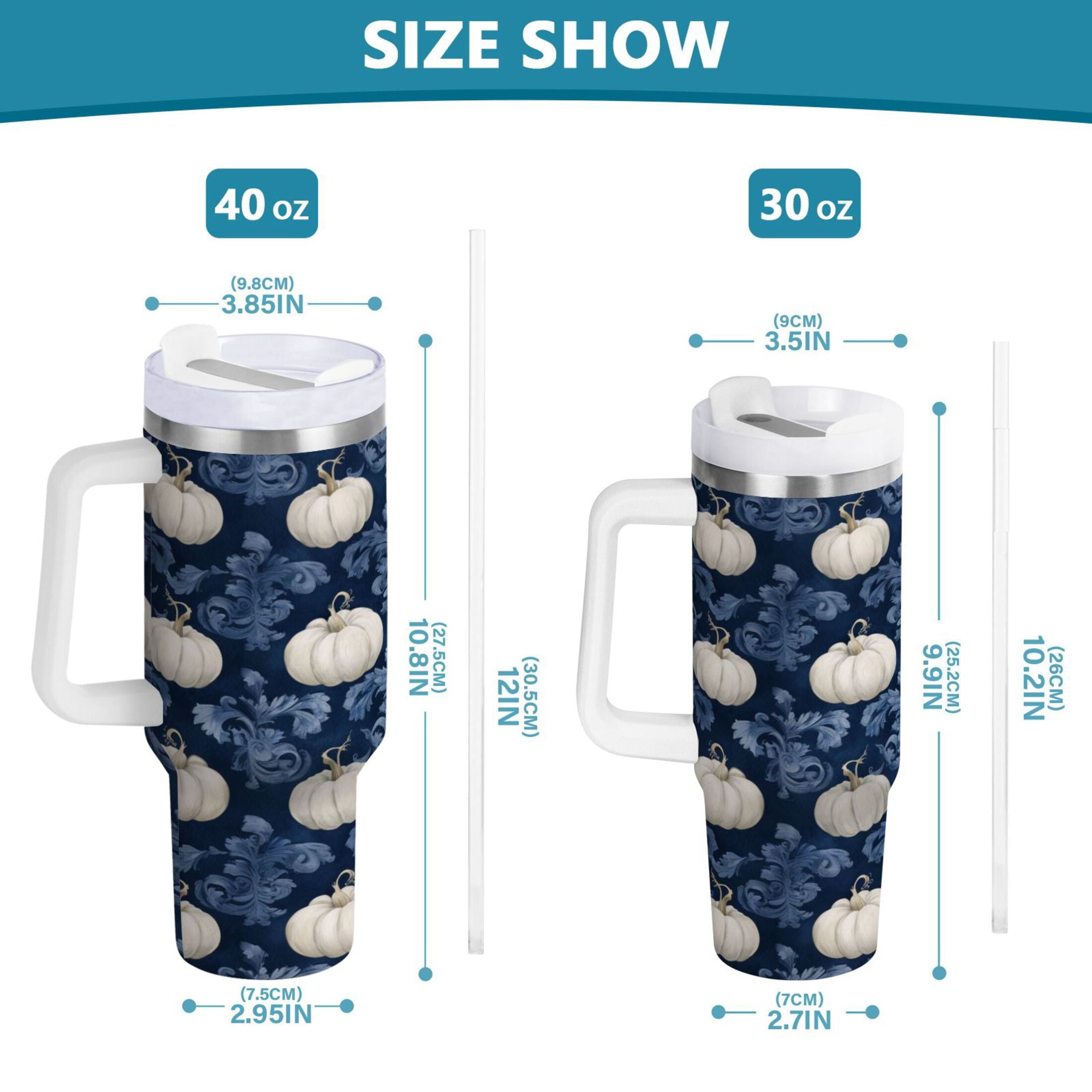 30 oz Insulated Stainless Steel Tumbler Double Wall Stainless Steel Tumbler with 2-Way Drinking Watercolor White Pumpkins M446E