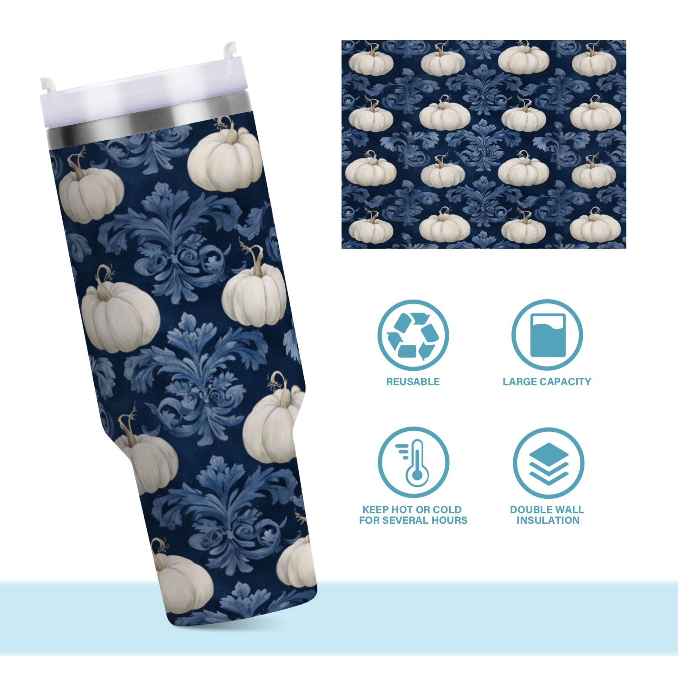 30 oz Insulated Stainless Steel Tumbler Double Wall Stainless Steel Tumbler with 2-Way Drinking Watercolor White Pumpkins M446E