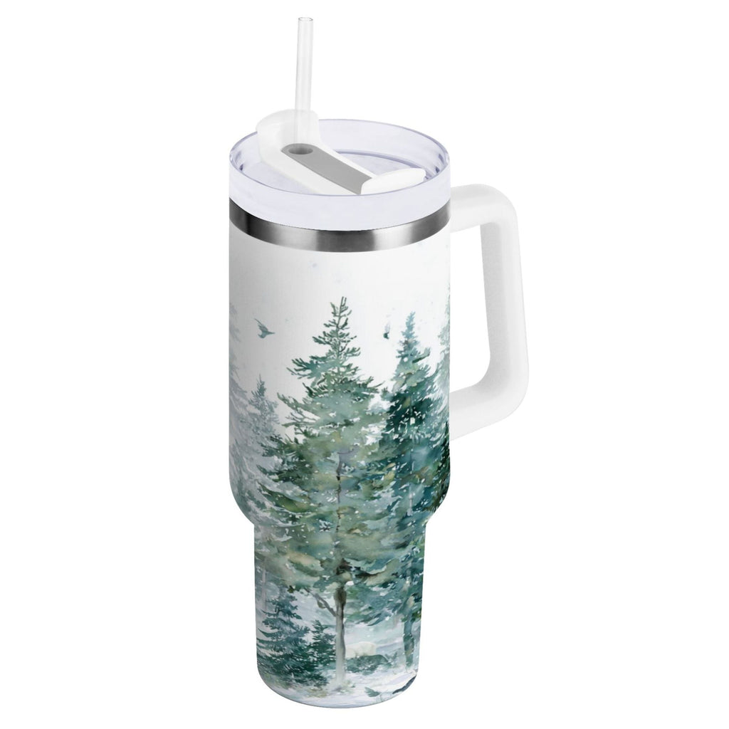 30 oz Insulated Stainless Steel Tumbler Double Wall Stainless Steel Tumbler with 2-Way Drinking Green Snowy Forest Scene M455Q