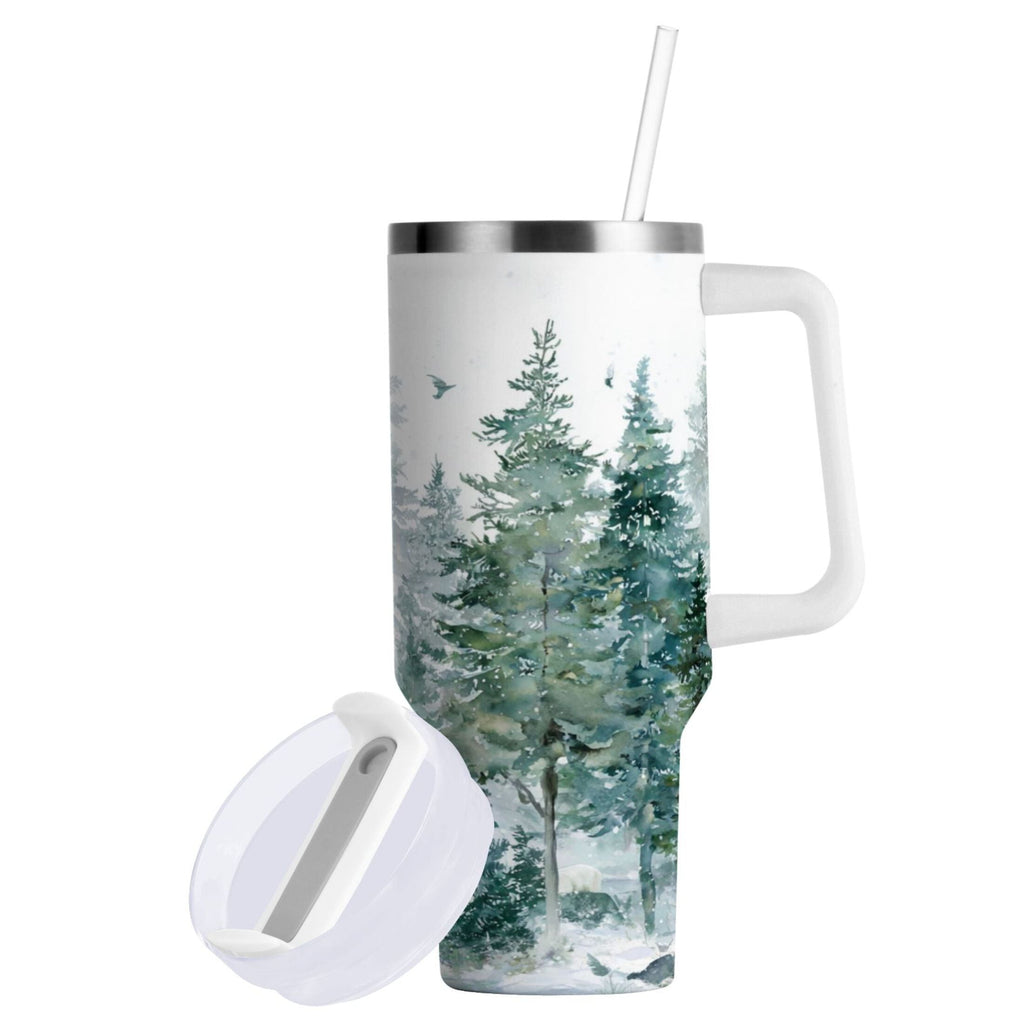 30 oz Insulated Stainless Steel Tumbler Double Wall Stainless Steel Tumbler with 2-Way Drinking Green Snowy Forest Scene M455Q
