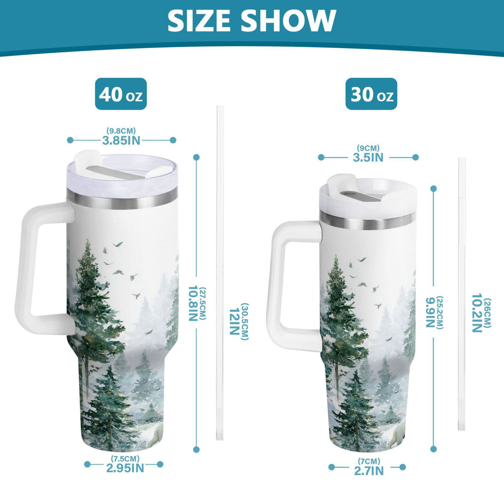 30 oz Insulated Stainless Steel Tumbler Double Wall Stainless Steel Tumbler with 2-Way Drinking Green Snowy Forest Scene M455Q