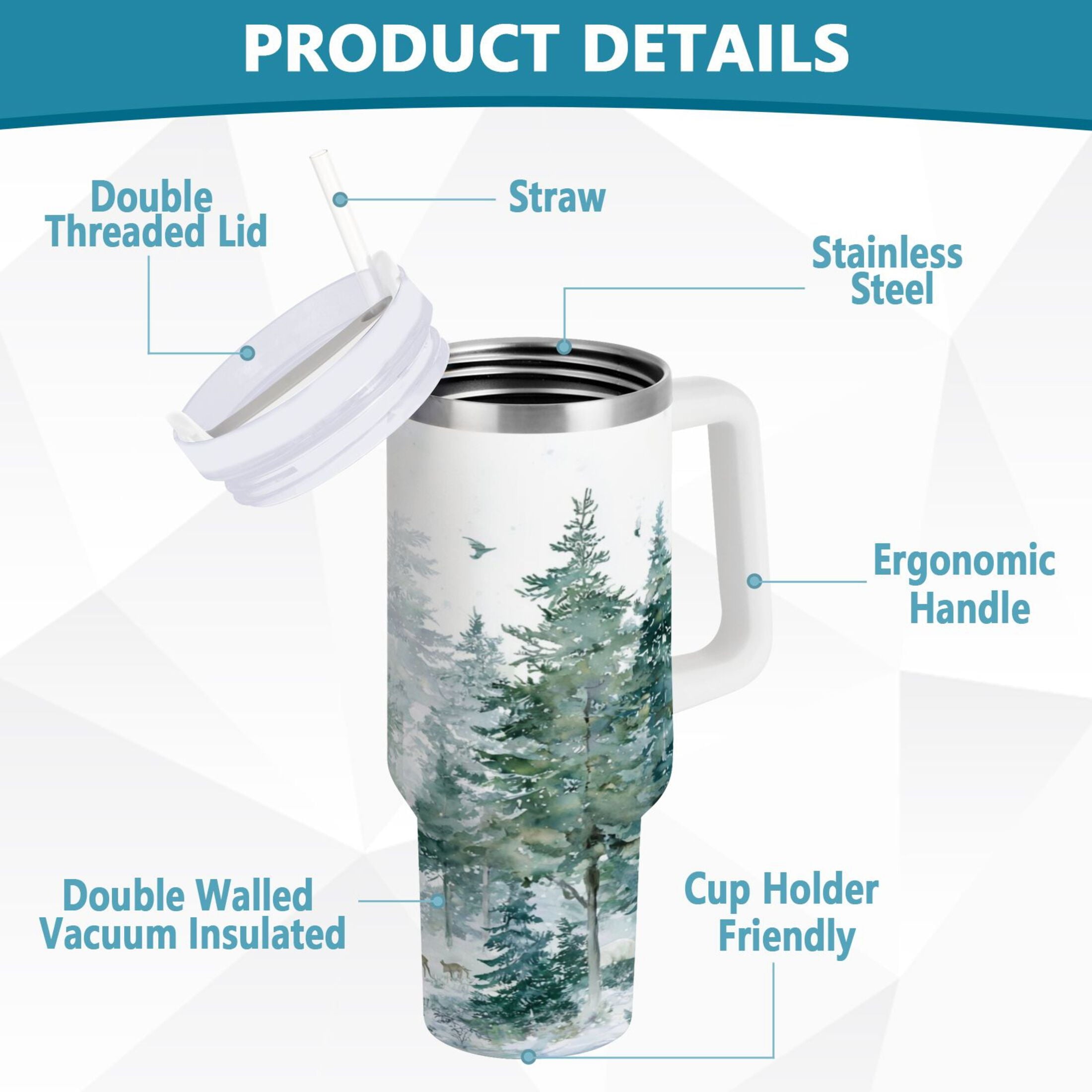 30 oz Insulated Stainless Steel Tumbler Double Wall Stainless Steel Tumbler with 2-Way Drinking Green Snowy Forest Scene M455Q