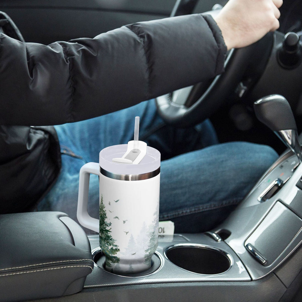 30 oz Insulated Stainless Steel Tumbler Double Wall Stainless Steel Tumbler with 2-Way Drinking Green Snowy Forest Scene M455Q