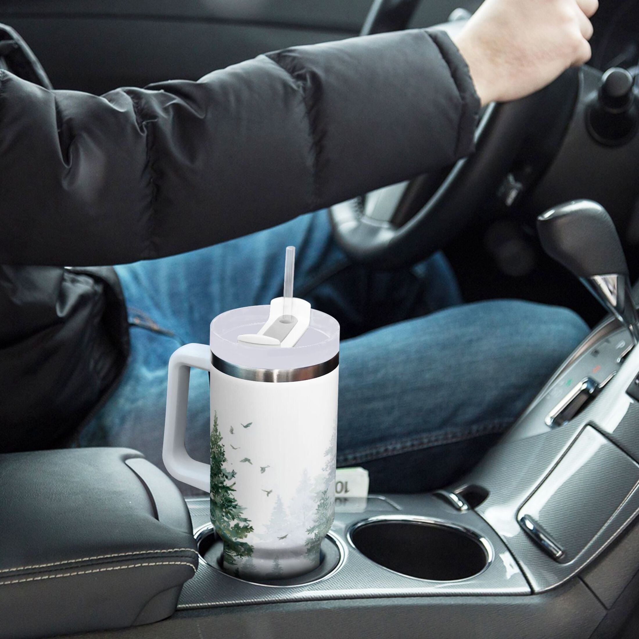 30 oz Insulated Stainless Steel Tumbler Double Wall Stainless Steel Tumbler with 2-Way Drinking Green Snowy Forest Scene M455Q