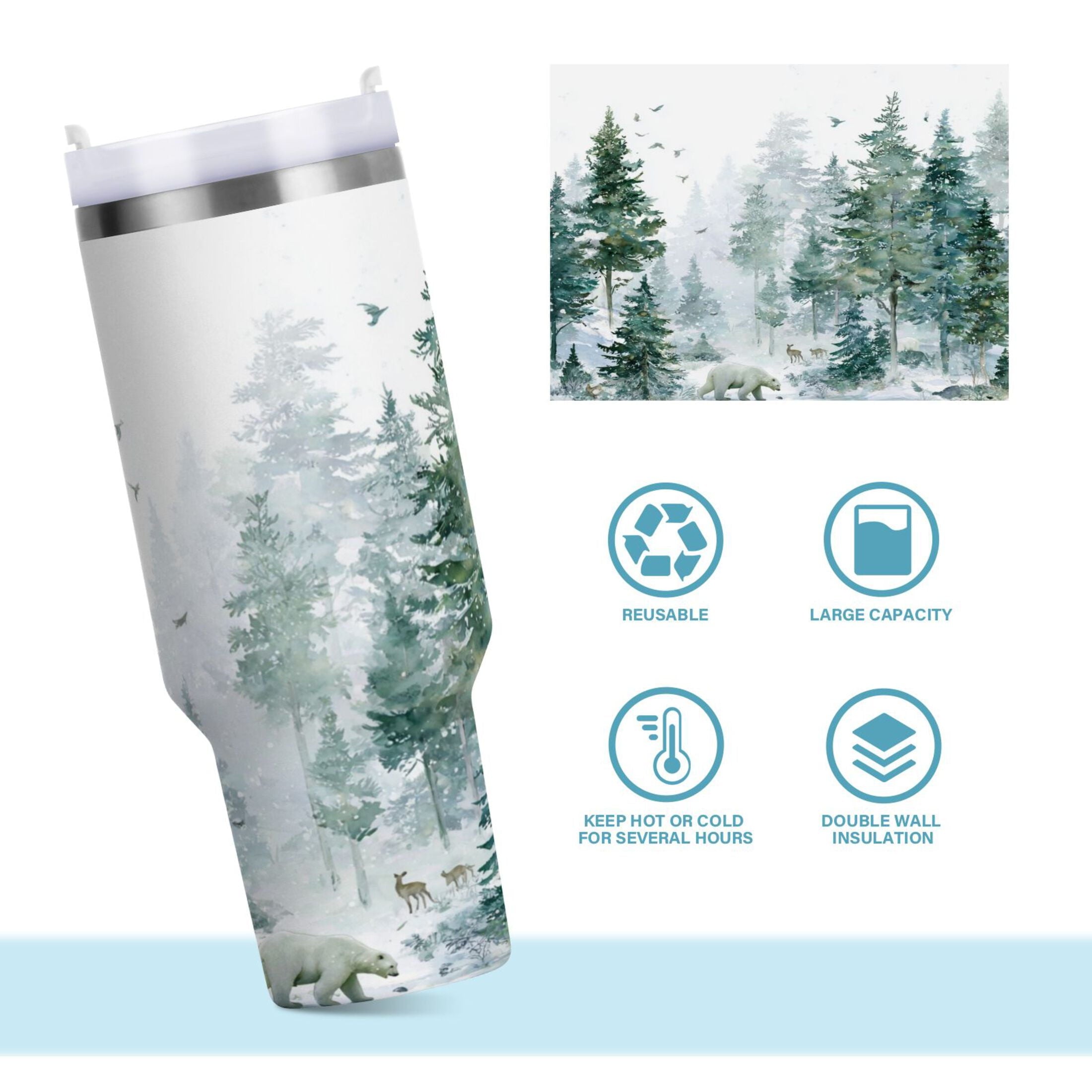 30 oz Insulated Stainless Steel Tumbler Double Wall Stainless Steel Tumbler with 2-Way Drinking Green Snowy Forest Scene M455Q
