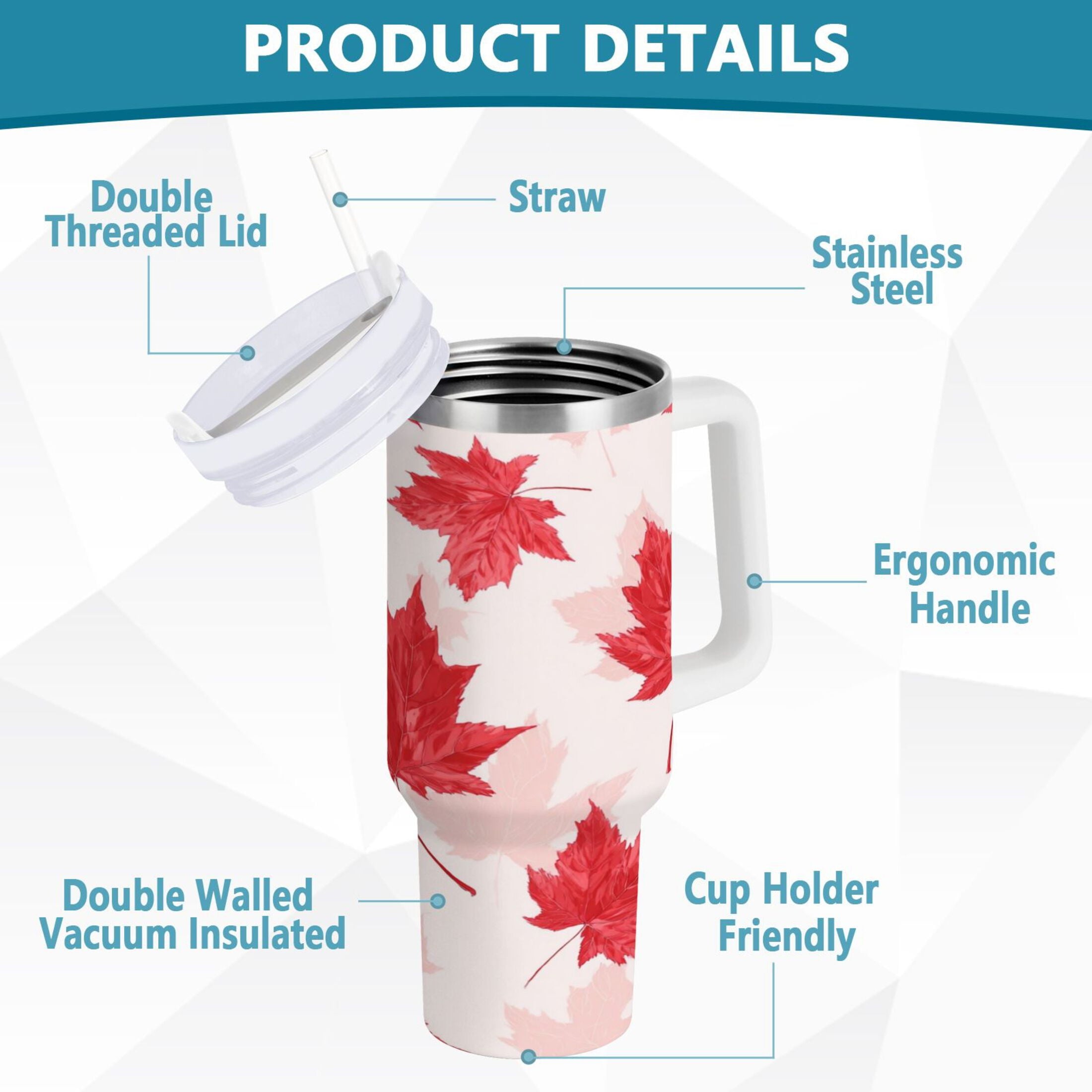 40 oz Insulated Stainless Steel Tumbler Double Wall Stainless Steel Tumbler with 2-Way Drinking Red Maple Leaves Pattern M601D