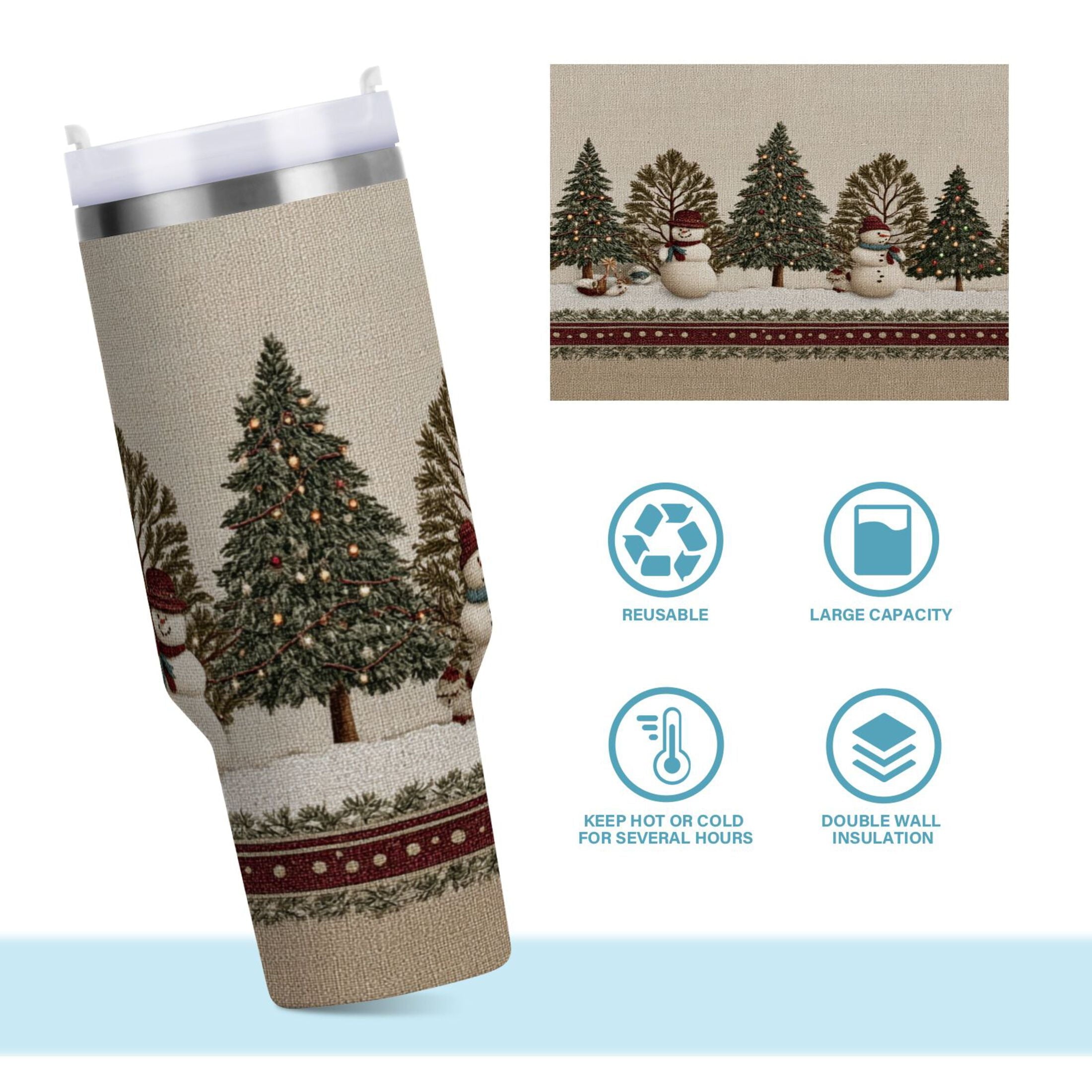 30 oz Insulated Stainless Steel Tumbler Double Wall Stainless Steel Tumbler with 2-Way Drinking Snowmen and Deer in The Forest M582S