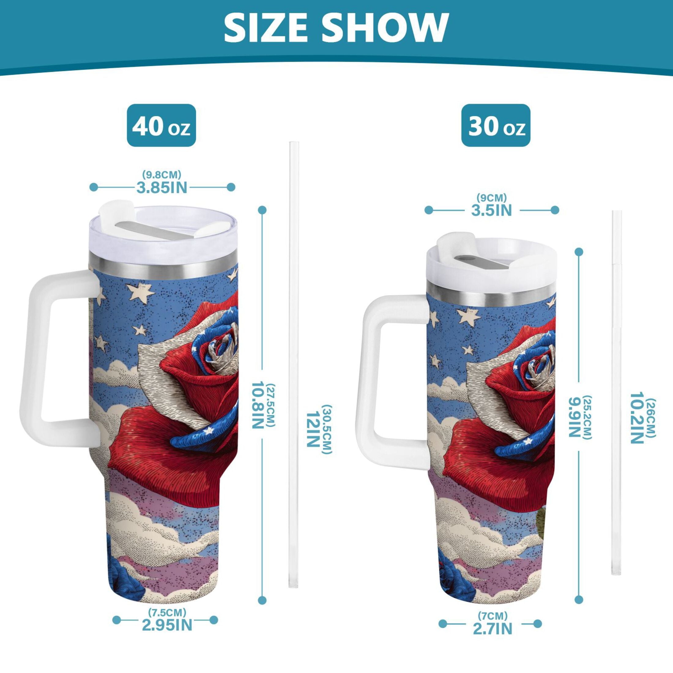 40 oz Insulated Stainless Steel Tumbler Double Wall Stainless Steel Tumbler with 2-Way Drinking Roses and Clouds M523D