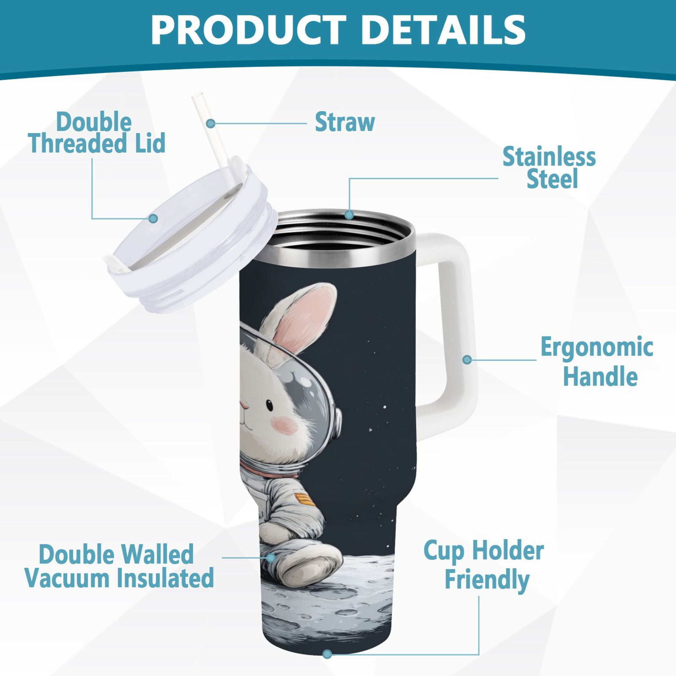 40 oz Insulated Stainless Steel Tumbler Double Wall Stainless Steel Tumbler with 2-Way Drinking Rabbit in A Space M673Y