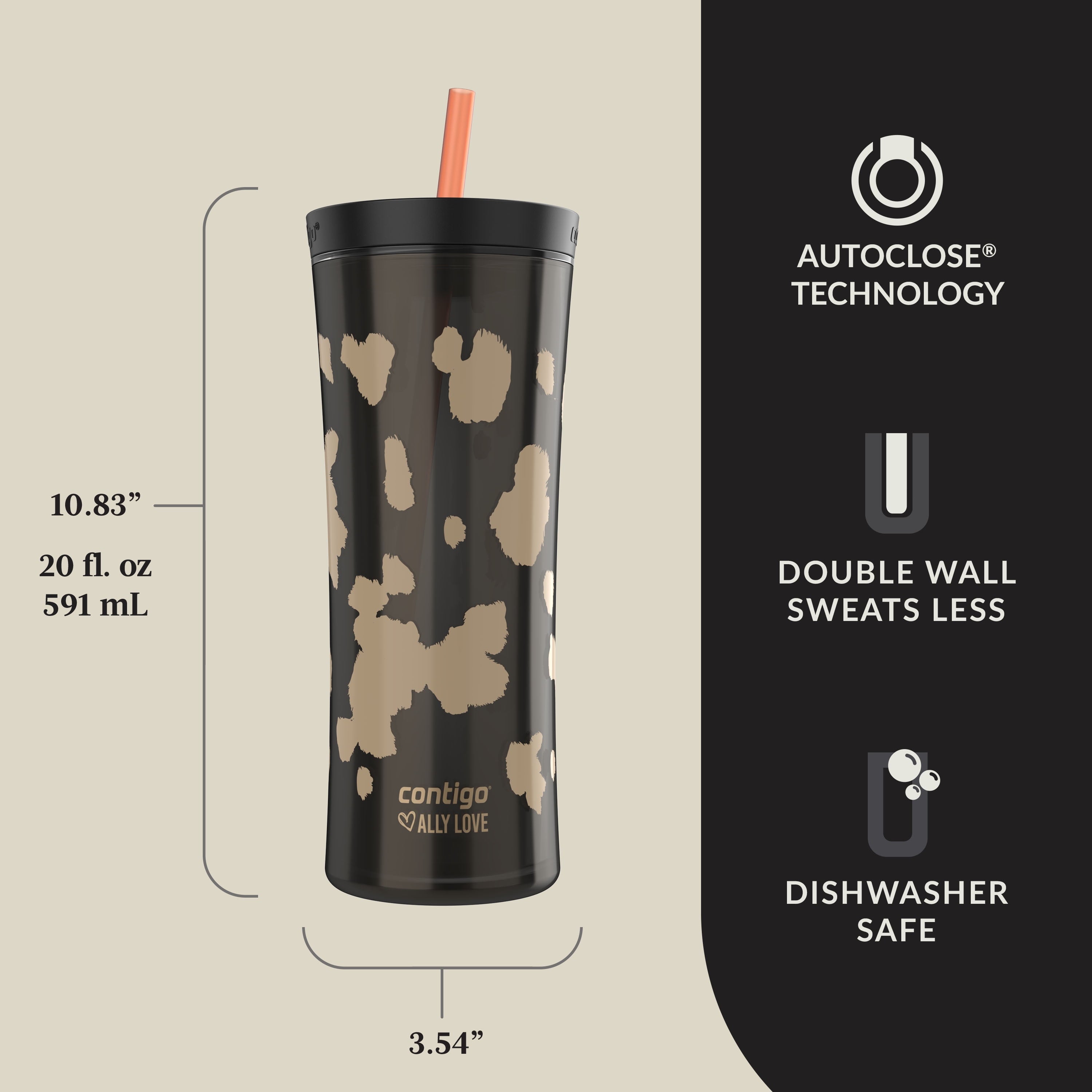 Contigo 20oz Shake &amp; Go Tumbler, Plastic with Straw, Licorice Cowhide Couture M93Q