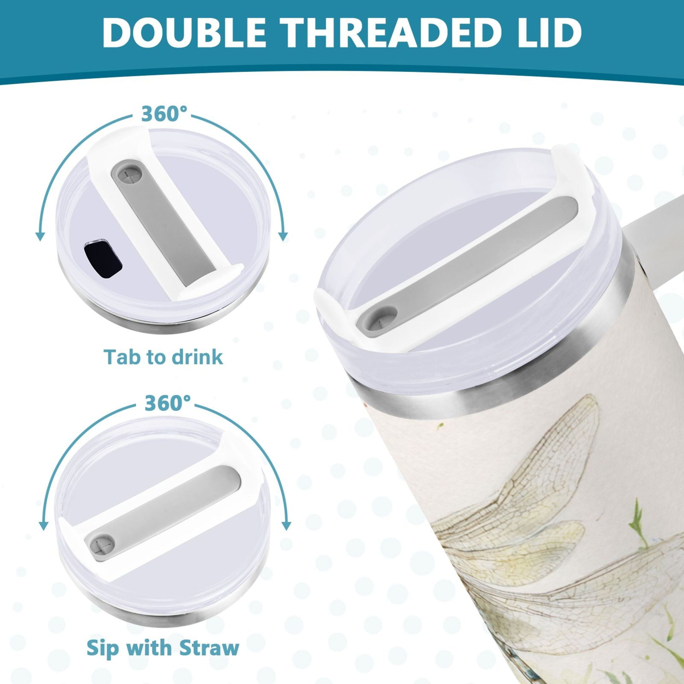 30 oz Insulated Stainless Steel Tumbler Double Wall Stainless Steel Tumbler with 2-Way Drinking Dragonflies with White Daisies M655U