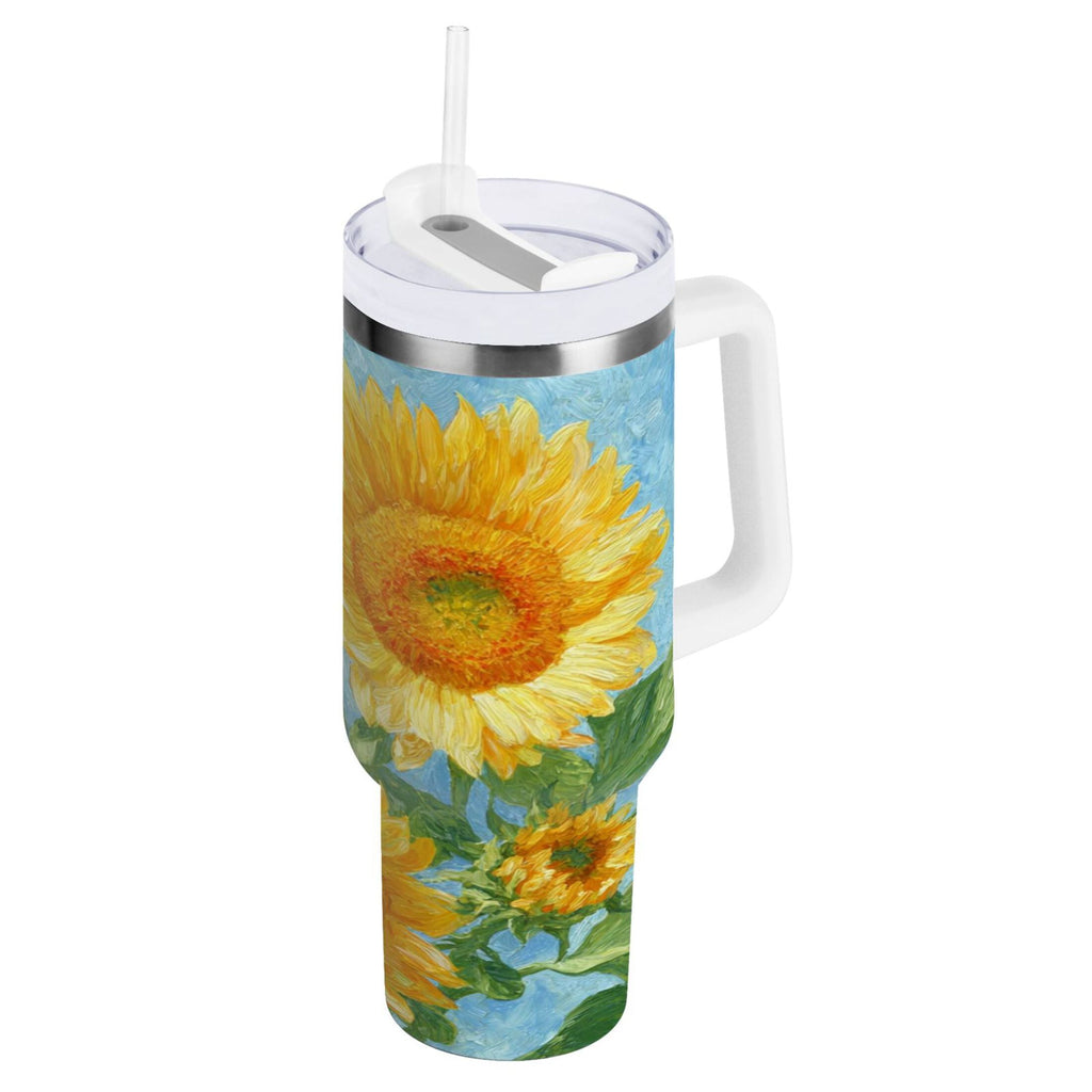 40 oz Insulated Stainless Steel Tumbler Double Wall Stainless Steel Tumbler with 2-Way Drinking Sunflower Oil Painting M438L
