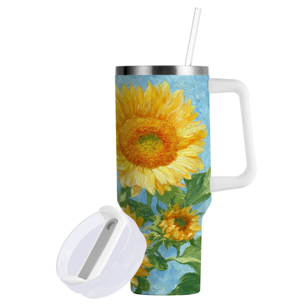 40 oz Insulated Stainless Steel Tumbler Double Wall Stainless Steel Tumbler with 2-Way Drinking Sunflower Oil Painting M438L