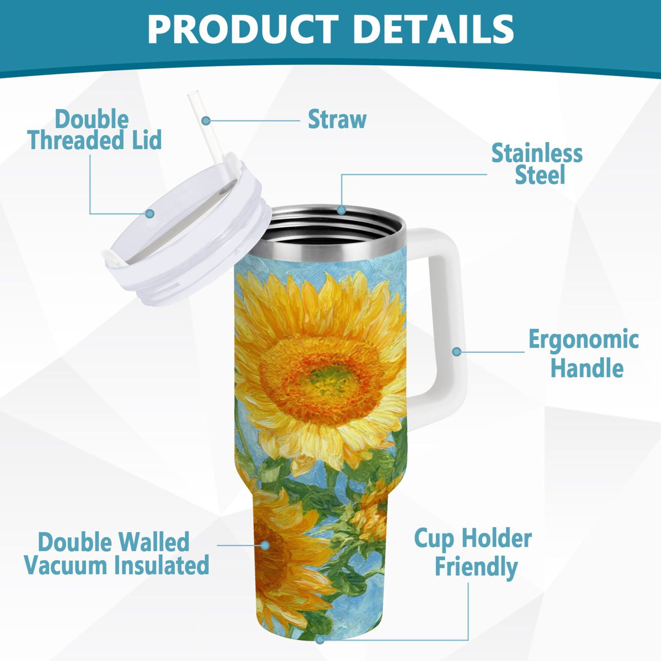 40 oz Insulated Stainless Steel Tumbler Double Wall Stainless Steel Tumbler with 2-Way Drinking Sunflower Oil Painting M438L