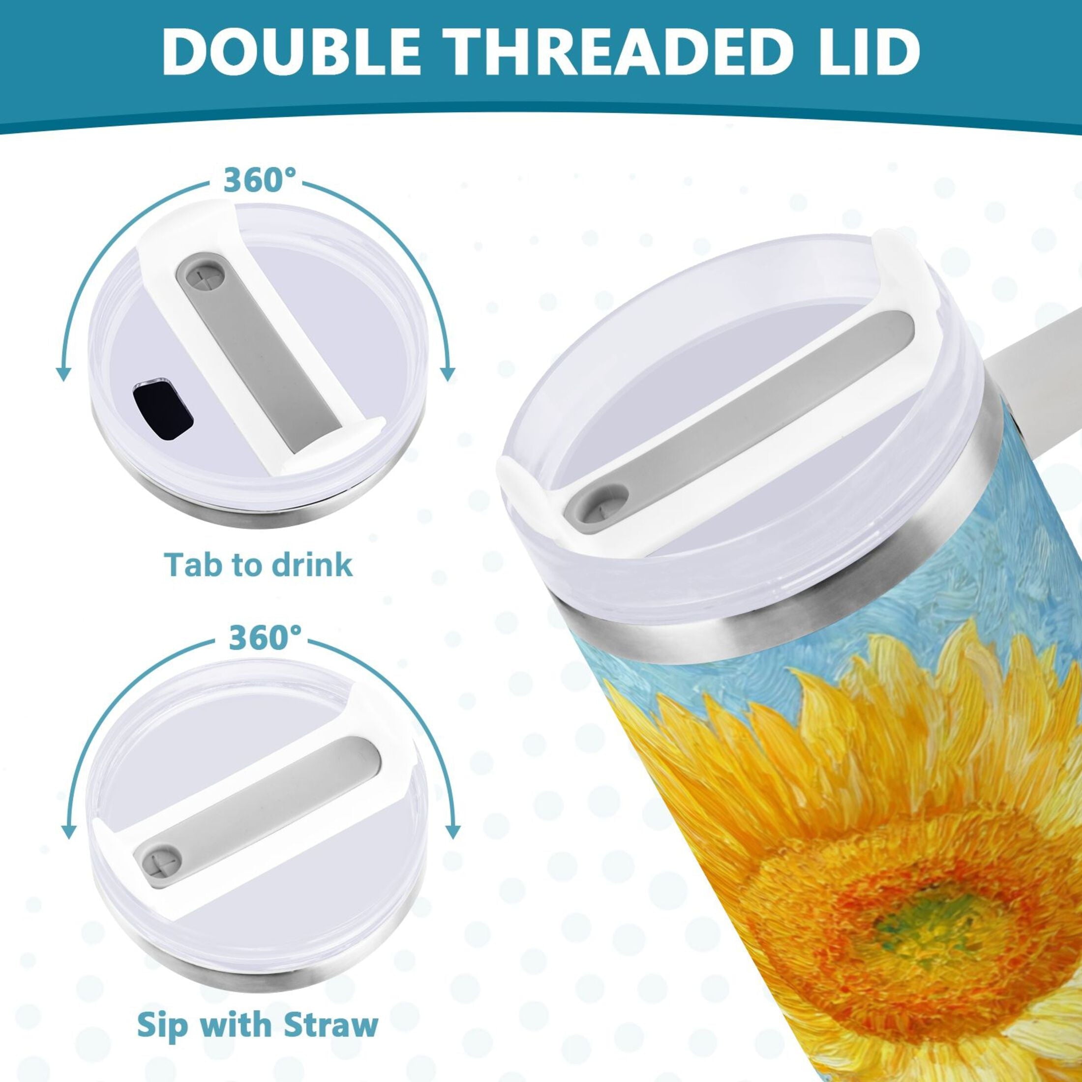 40 oz Insulated Stainless Steel Tumbler Double Wall Stainless Steel Tumbler with 2-Way Drinking Sunflower Oil Painting M438L