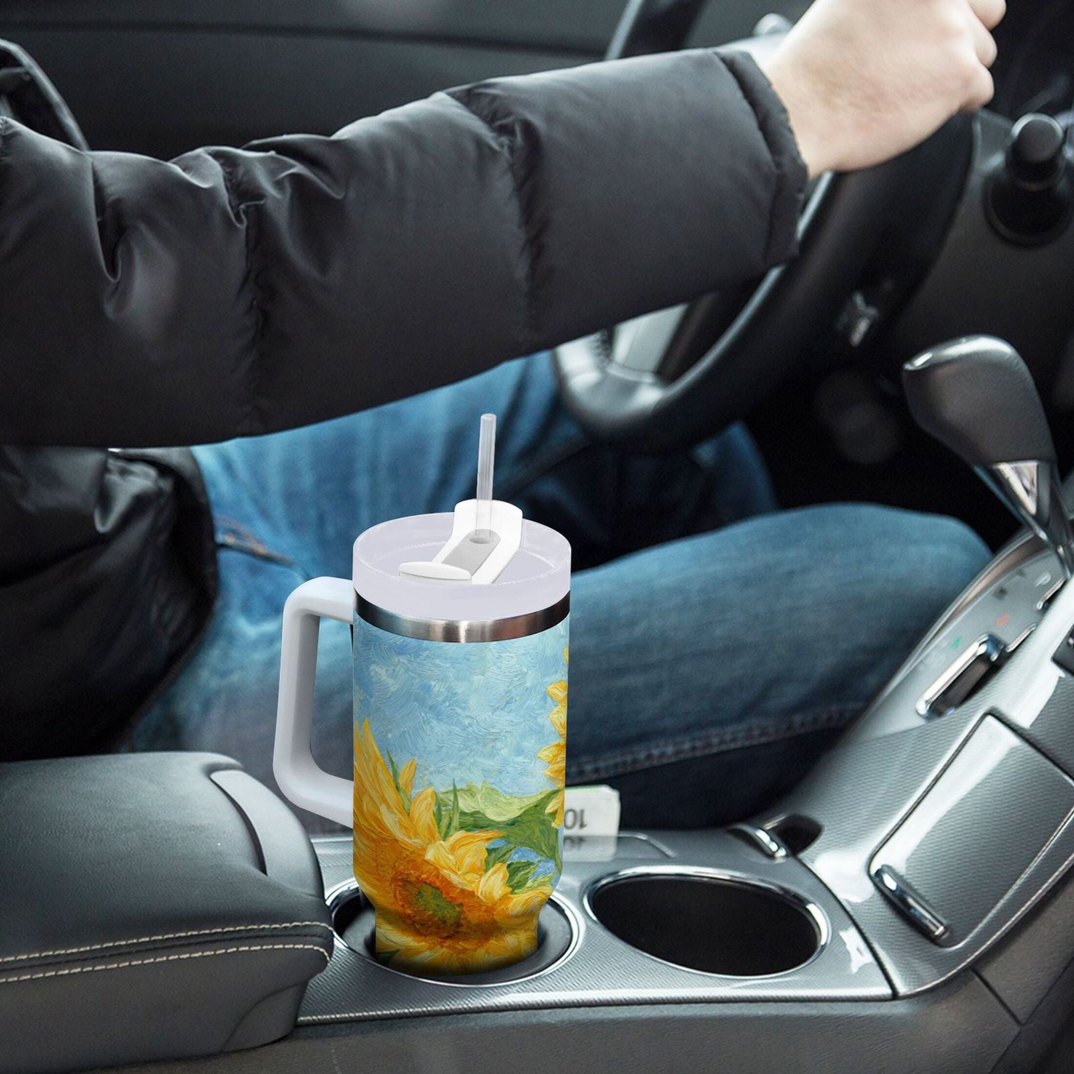 40 oz Insulated Stainless Steel Tumbler Double Wall Stainless Steel Tumbler with 2-Way Drinking Sunflower Oil Painting M438L