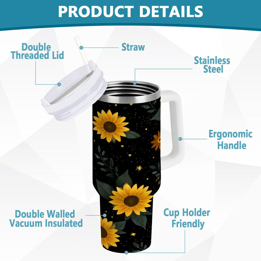 30 oz Insulated Stainless Steel Tumbler Double Wall Stainless Steel Tumbler with 2-Way Drinking Yellow Sunflower Pattern M532S