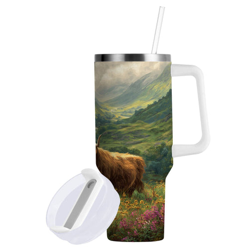 30 oz Insulated Stainless Steel Tumbler Double Wall Stainless Steel Tumbler with 2-Way Drinking Cow in Green Rolling Hills M586P