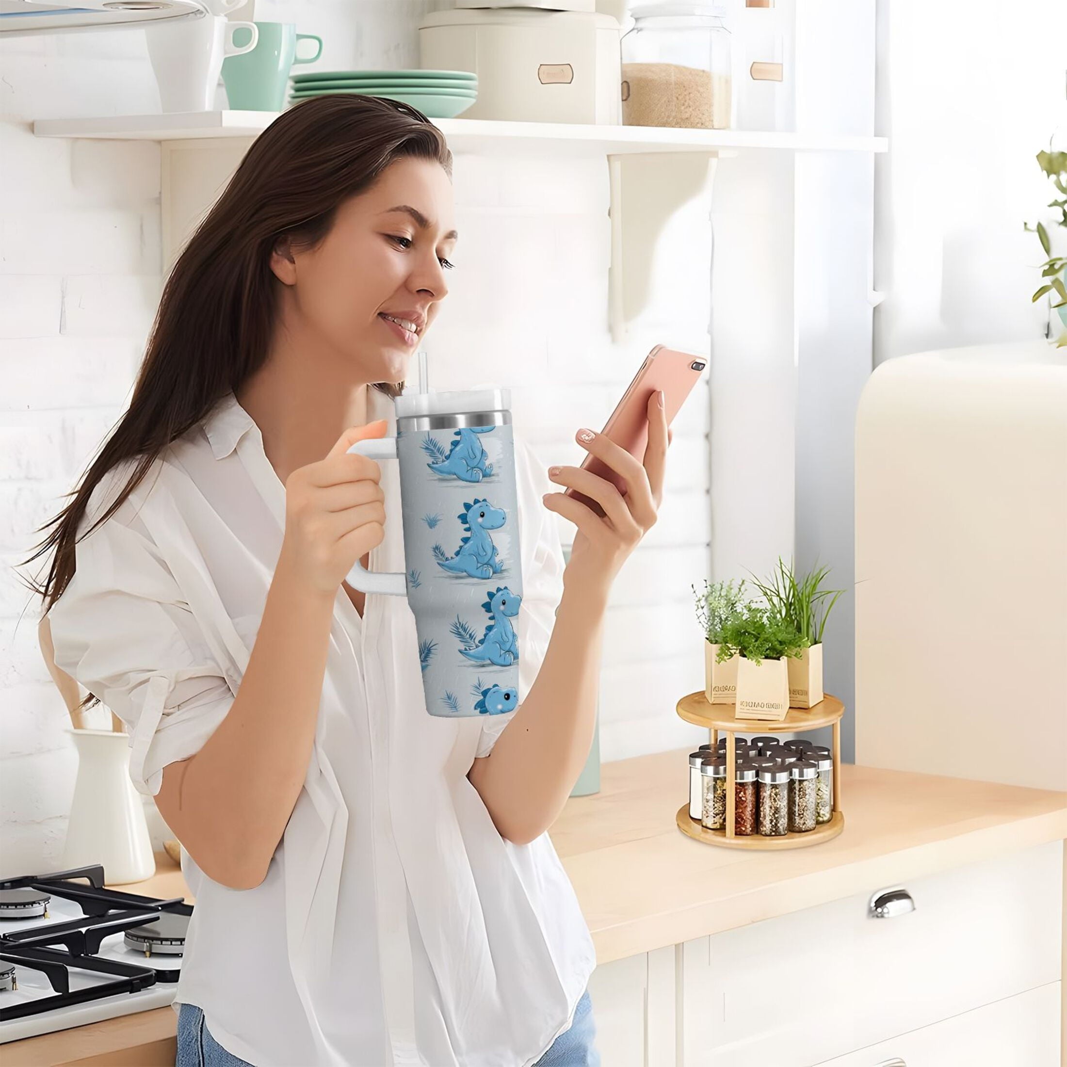 30 oz Insulated Stainless Steel Tumbler Double Wall Stainless Steel Tumbler with 2-Way Drinking Cartoon Blue Dinosaurs M495P