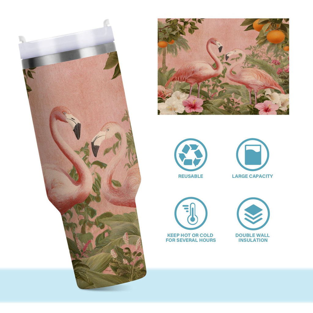 40 oz Insulated Stainless Steel Tumbler Double Wall Stainless Steel Tumbler with 2-Way Drinking Flamingos in Tropical Garden M666F