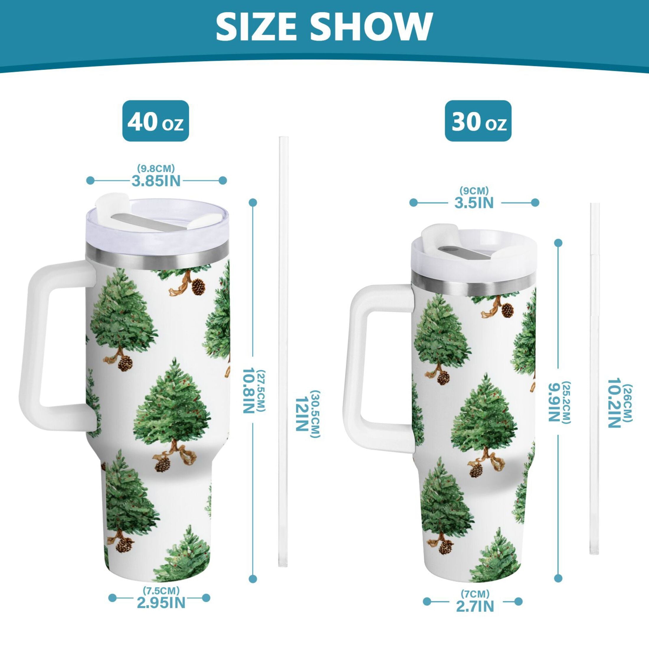 30 oz Insulated Stainless Steel Tumbler Double Wall Stainless Steel Tumbler with 2-Way Drinking Watercolor Green Christmas Tree M533W