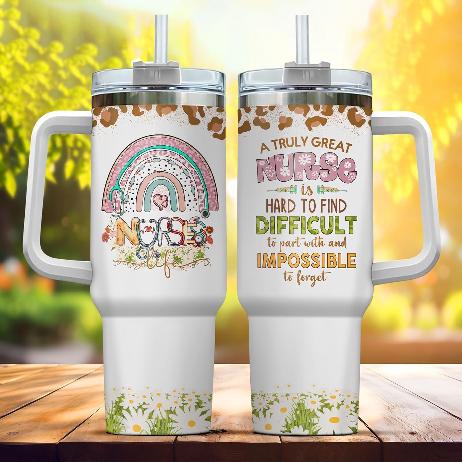 Tumbler 40 Oz With Handle Lid And Straw, Nurse Gifts, Black Camo White Engraved Print Travel Nurses Tumblers Handle Funny Cups Nursing For, Great Nurse Rainbow Daisy Flower M683Y