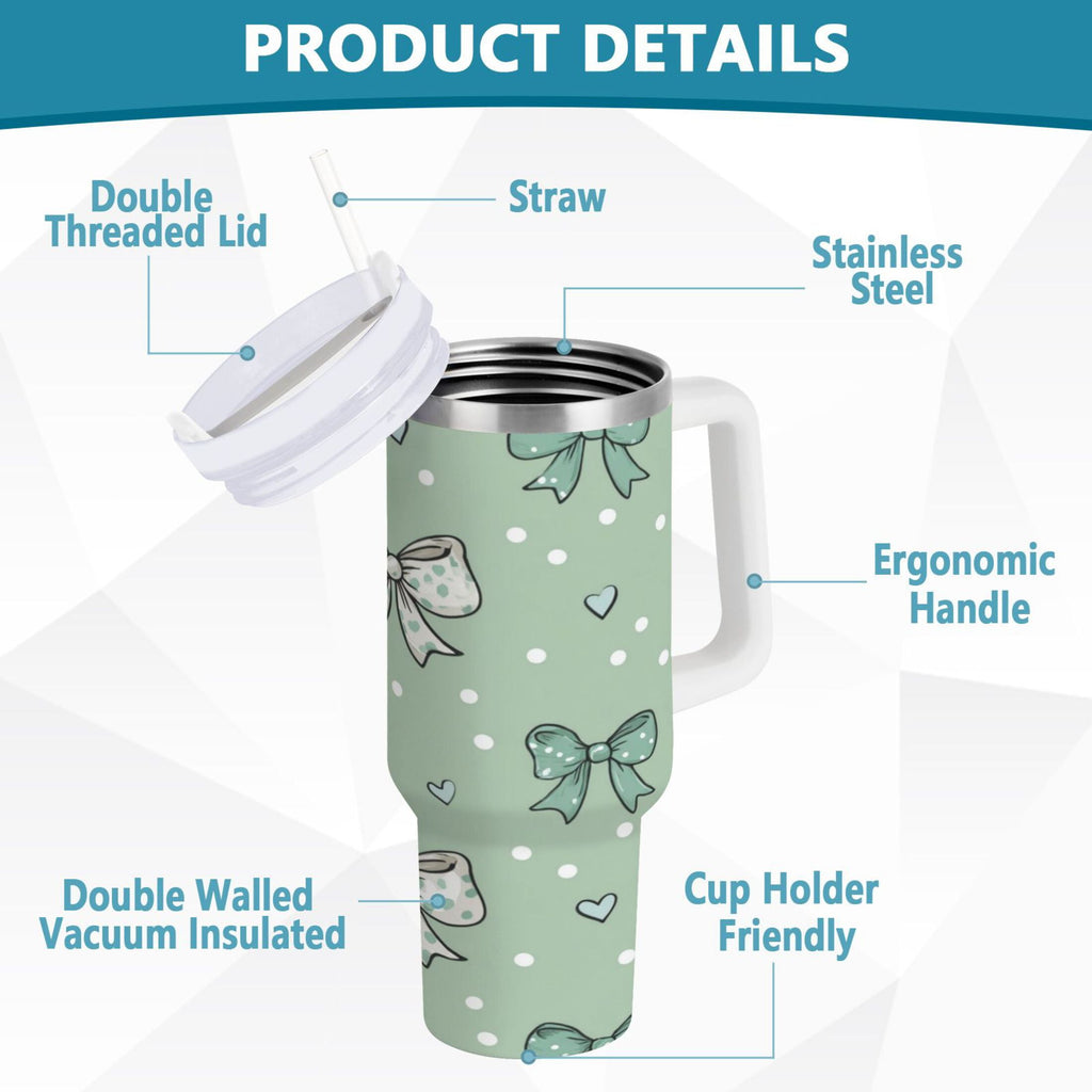 30 oz Insulated Stainless Steel Tumbler Double Wall Stainless Steel Tumbler with 2-Way Drinking Green and Mint Bows M559H