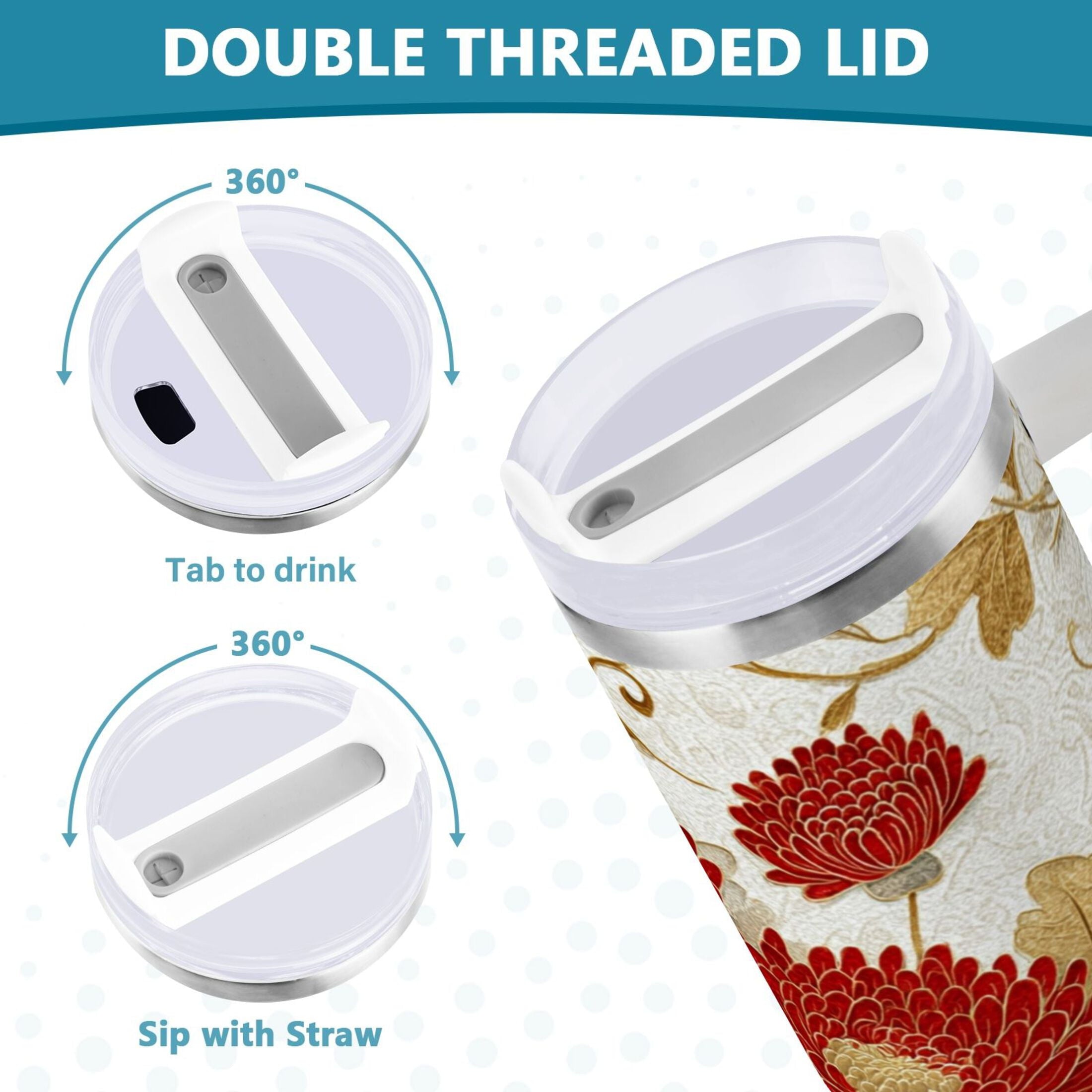 30 oz Insulated Stainless Steel Tumbler Double Wall Stainless Steel Tumbler with 2-Way Drinking Red Chrysanthemum Pattern M676A
