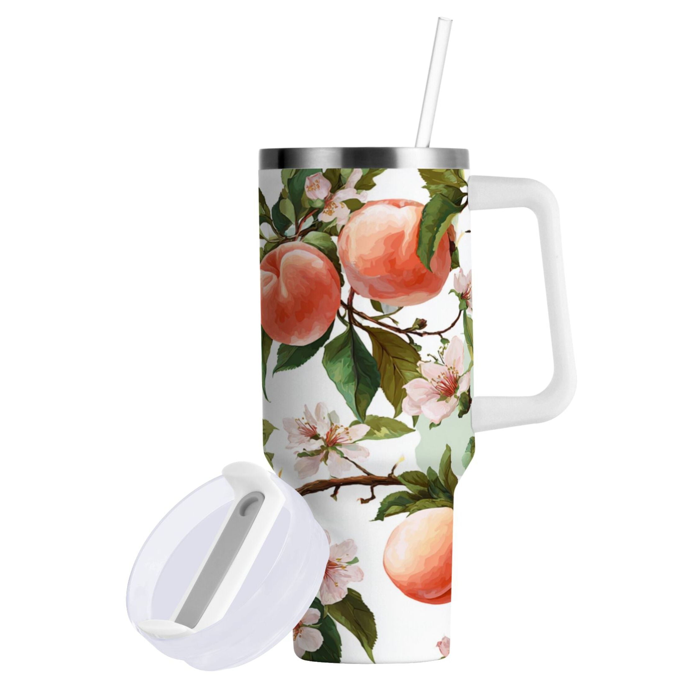 30 oz Insulated Stainless Steel Tumbler Double Wall Stainless Steel Tumbler with 2-Way Drinking Peach Fruit Pattern M503F