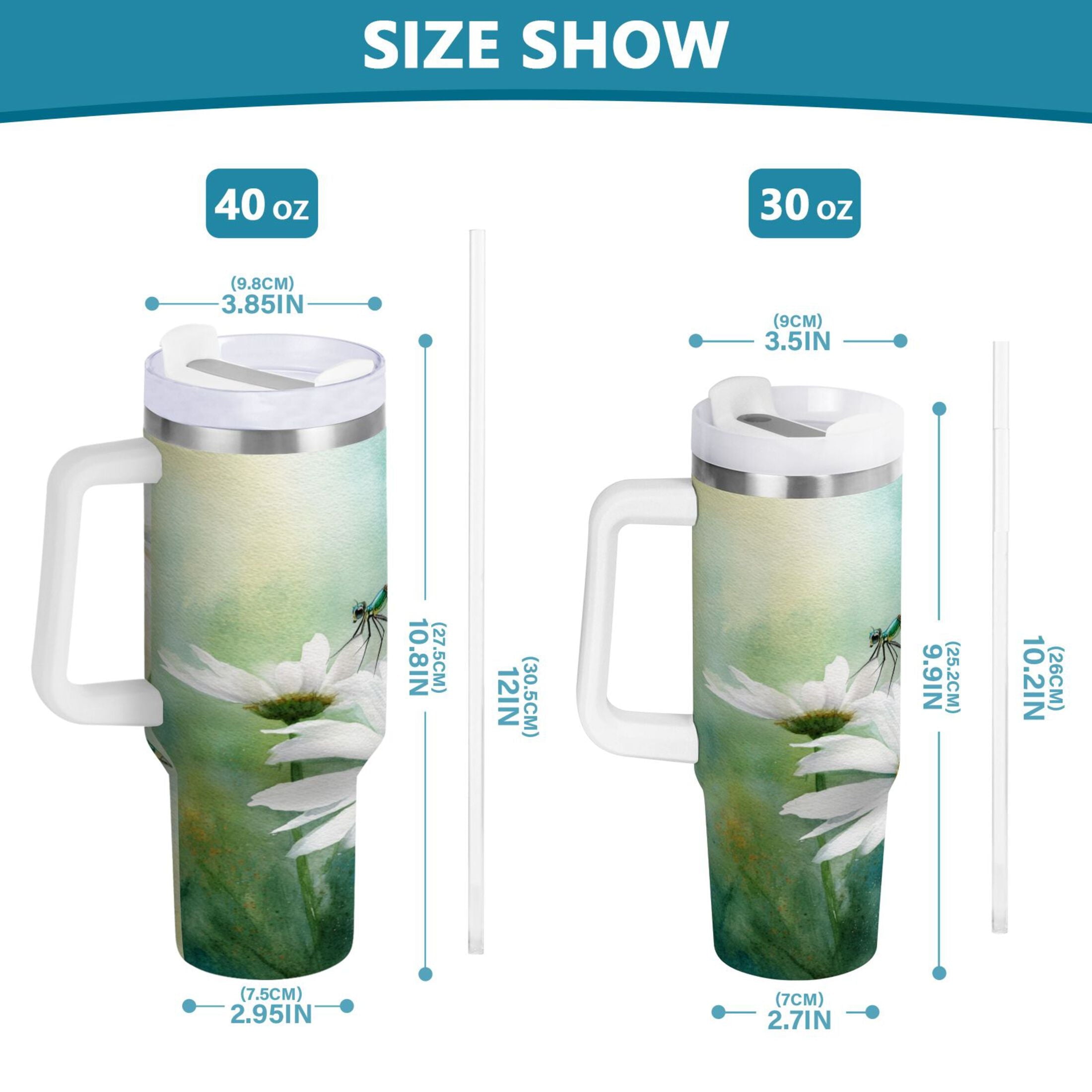 30 oz Insulated Stainless Steel Tumbler Double Wall Stainless Steel Tumbler with 2-Way Drinking Beautiful Dragonflies and Daisies M638D
