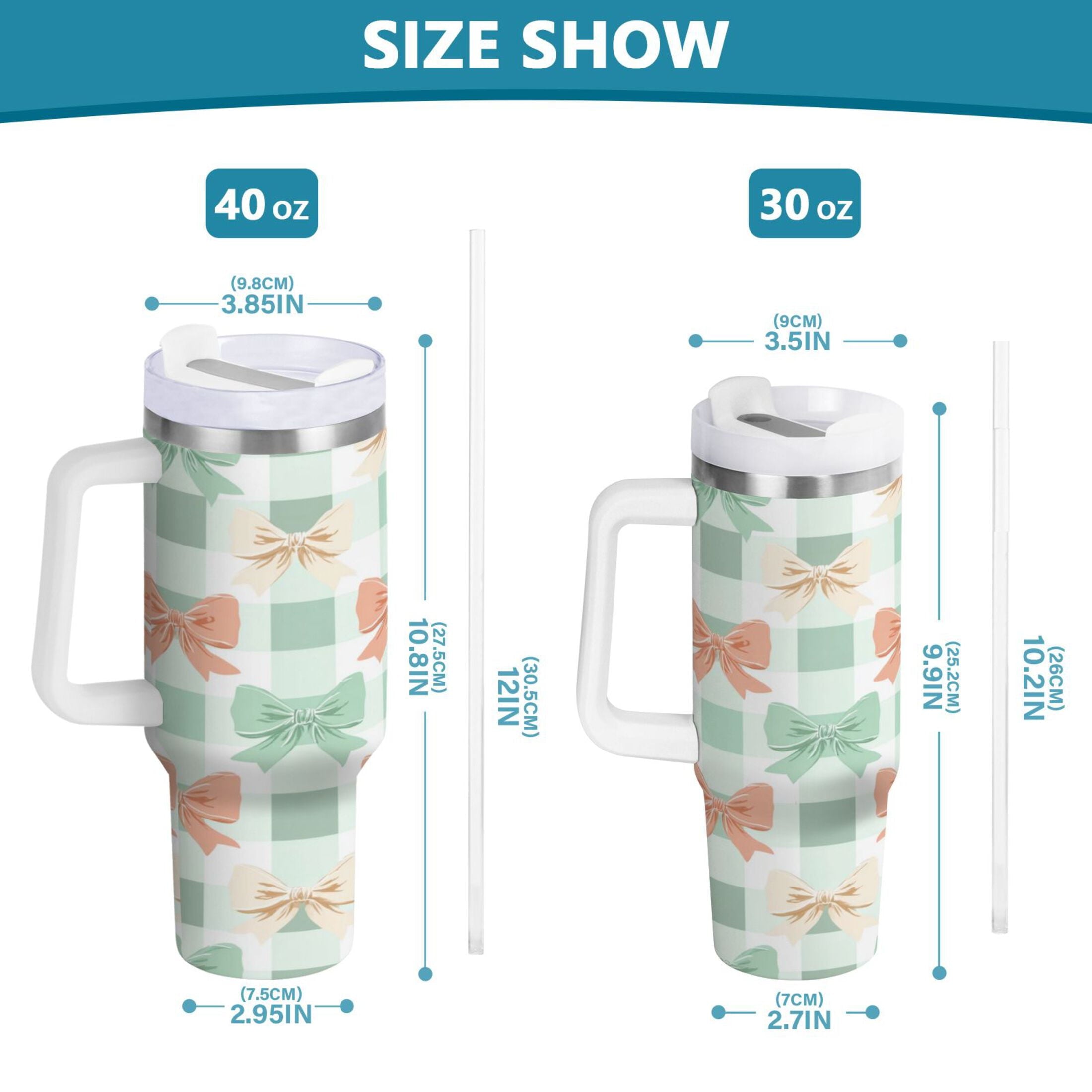 40 oz Insulated Stainless Steel Tumbler Double Wall Stainless Steel Tumbler with 2-Way Drinking Green and Peach Bow Pattern M544A