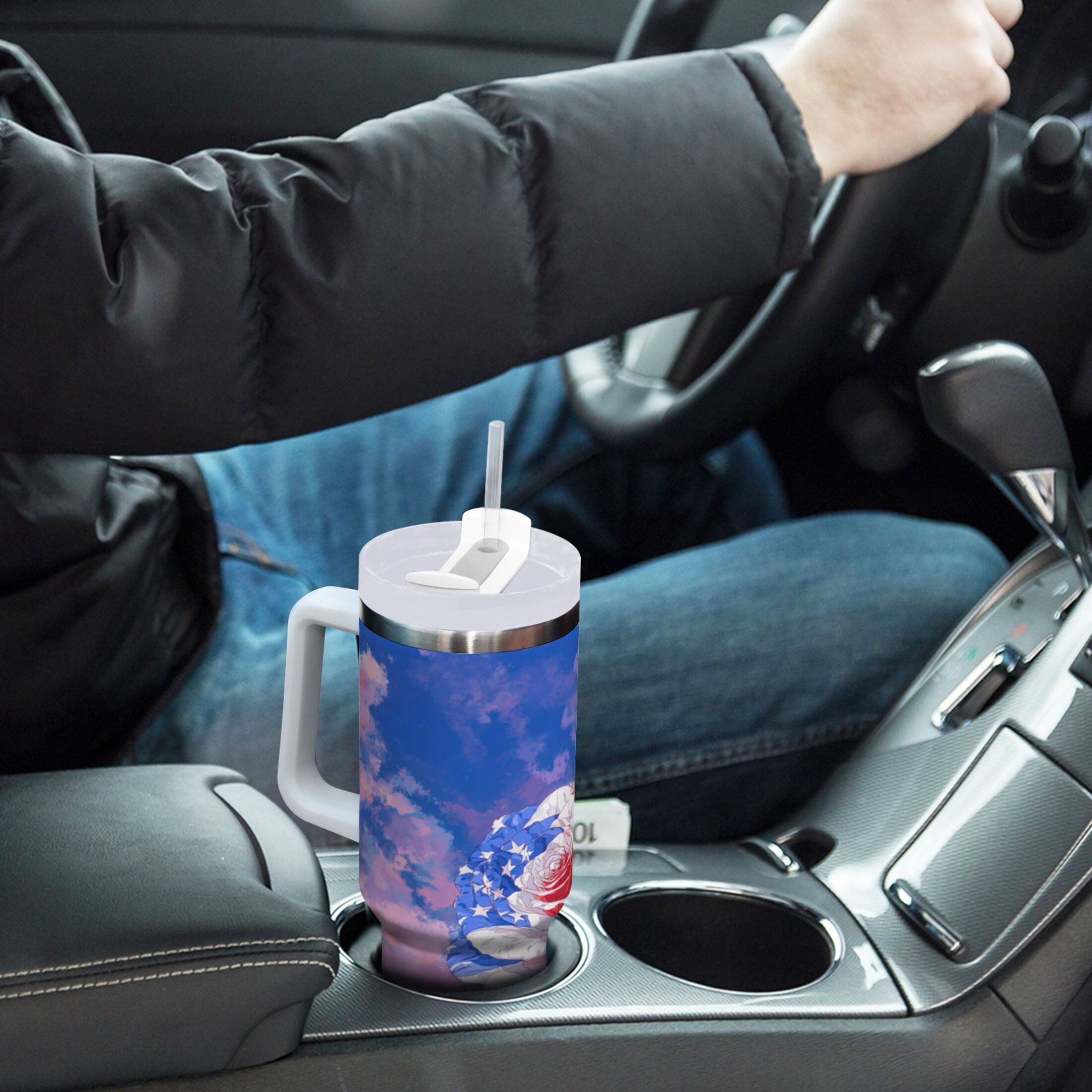30 oz Insulated Stainless Steel Tumbler Double Wall Stainless Steel Tumbler with 2-Way Drinking Rose with Flag Pattern M547H