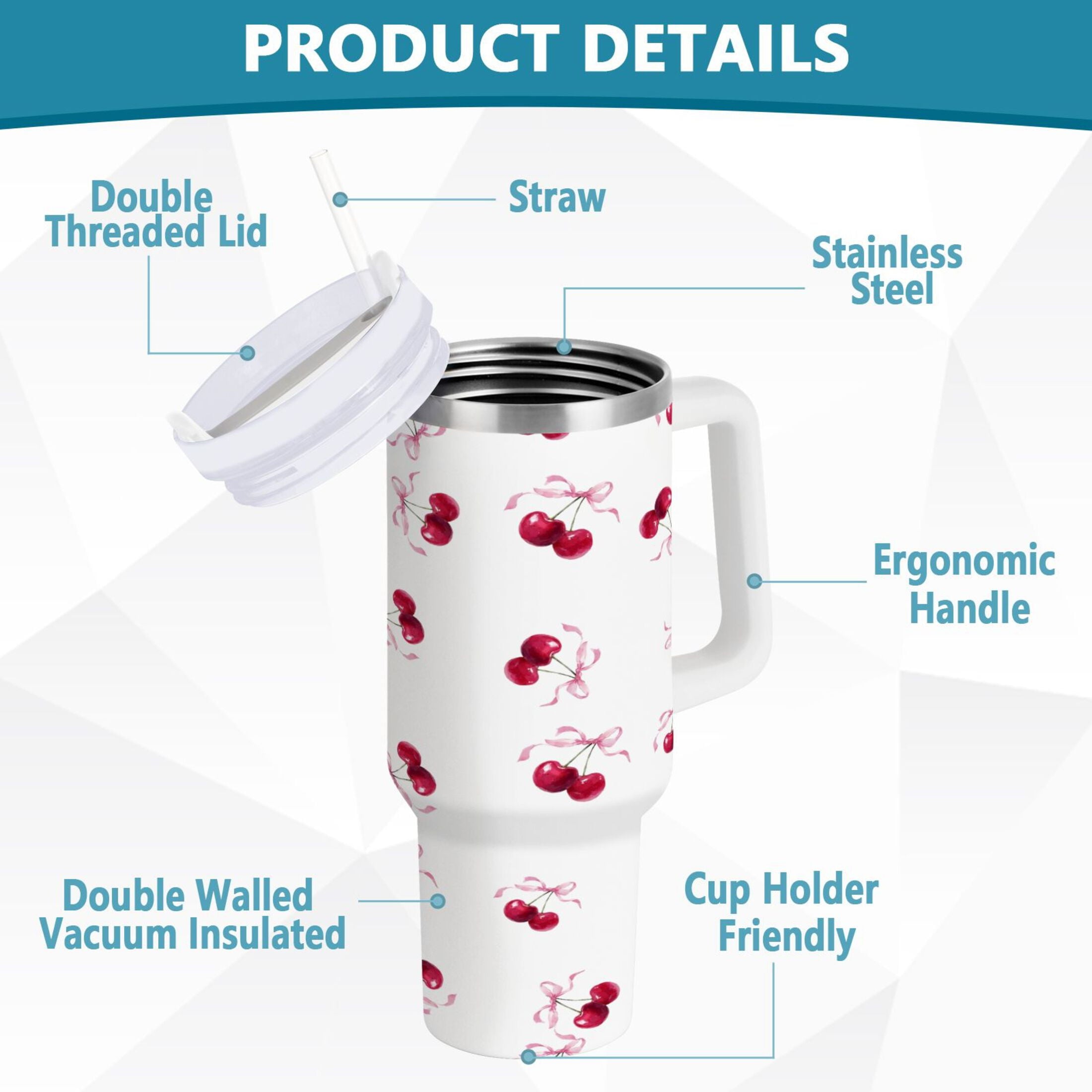 30 oz Insulated Stainless Steel Tumbler Double Wall Stainless Steel Tumbler with 2-Way Drinking Watercolor Cherries Pattern M604L