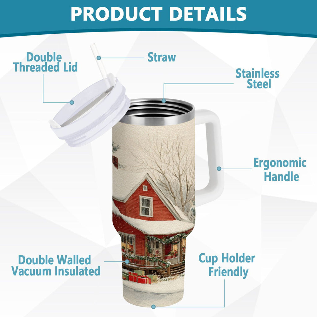 40 oz Insulated Stainless Steel Tumbler Double Wall Stainless Steel Tumbler with 2-Way Drinking House with Snow-covered Roof M674M