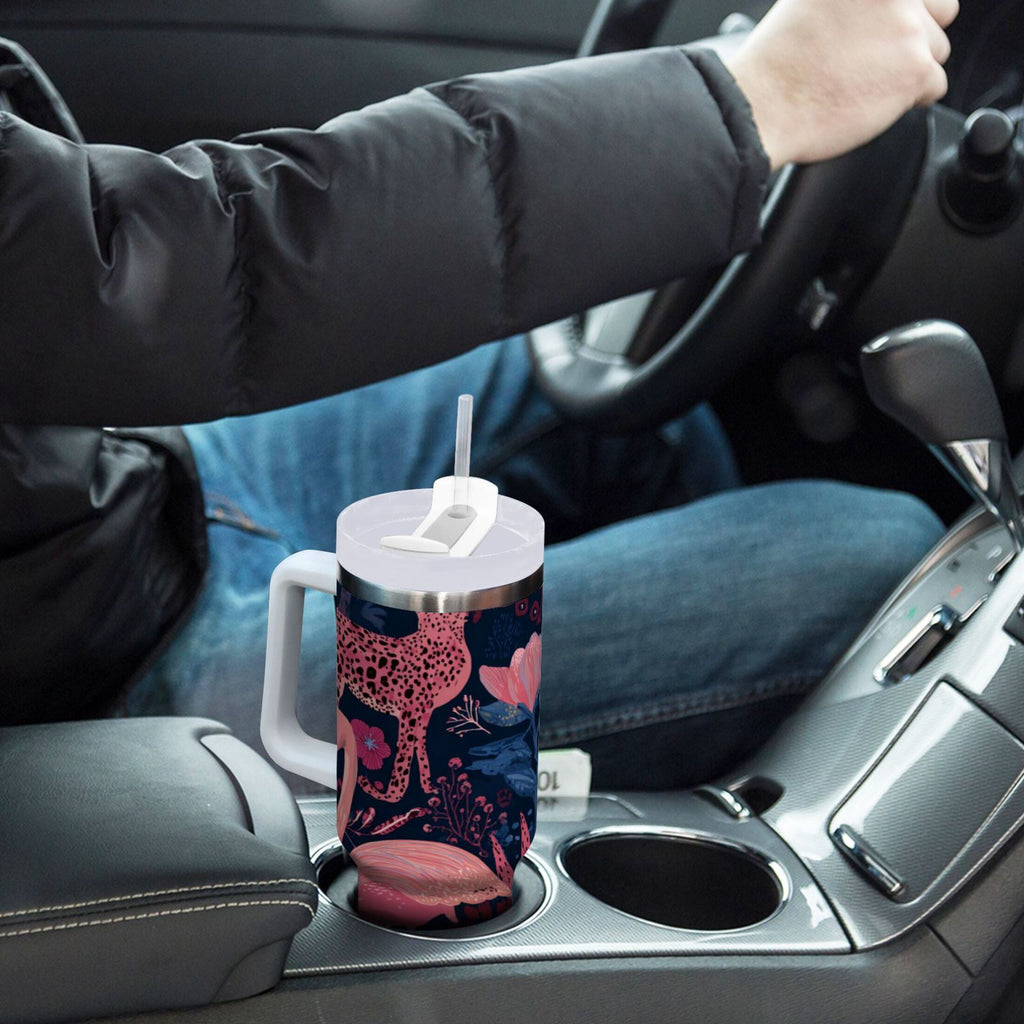 30 oz Insulated Stainless Steel Tumbler Double Wall Stainless Steel Tumbler with 2-Way Drinking Flamingos and Leopard Print M568Z