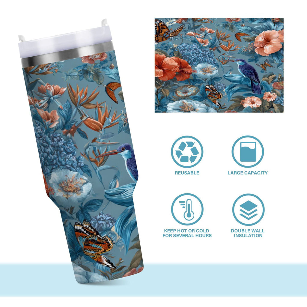 30 oz Insulated Stainless Steel Tumbler Double Wall Stainless Steel Tumbler with 2-Way Drinking Birds and Flowers M552F