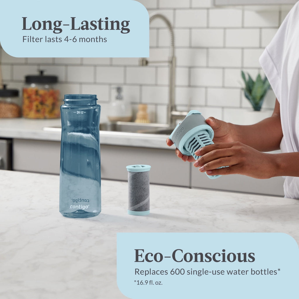 (2 pack) Contigo Clybourn Plastic FreeFlow Filter Water Bottle with AUTOSEAL Lid 24 oz., Dark Ice, with Replacable Filter M62Q