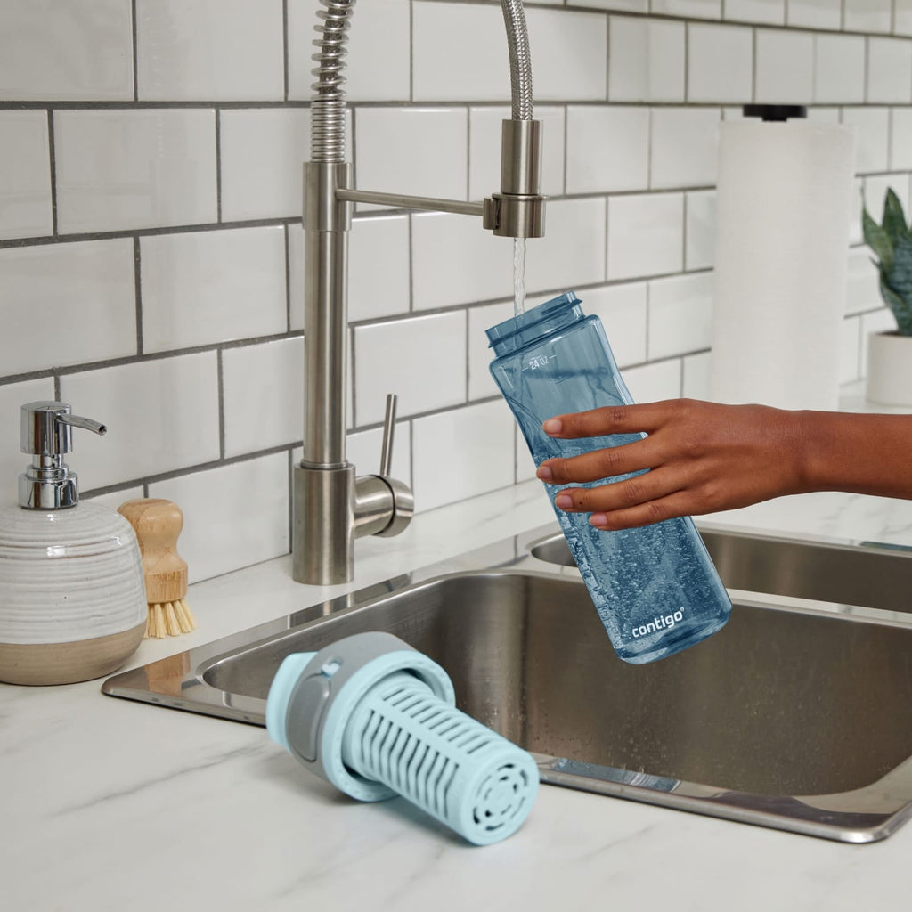 (2 pack) Contigo Clybourn Plastic FreeFlow Filter Water Bottle with AUTOSEAL Lid 24 oz., Dark Ice, with Replacable Filter M62Q