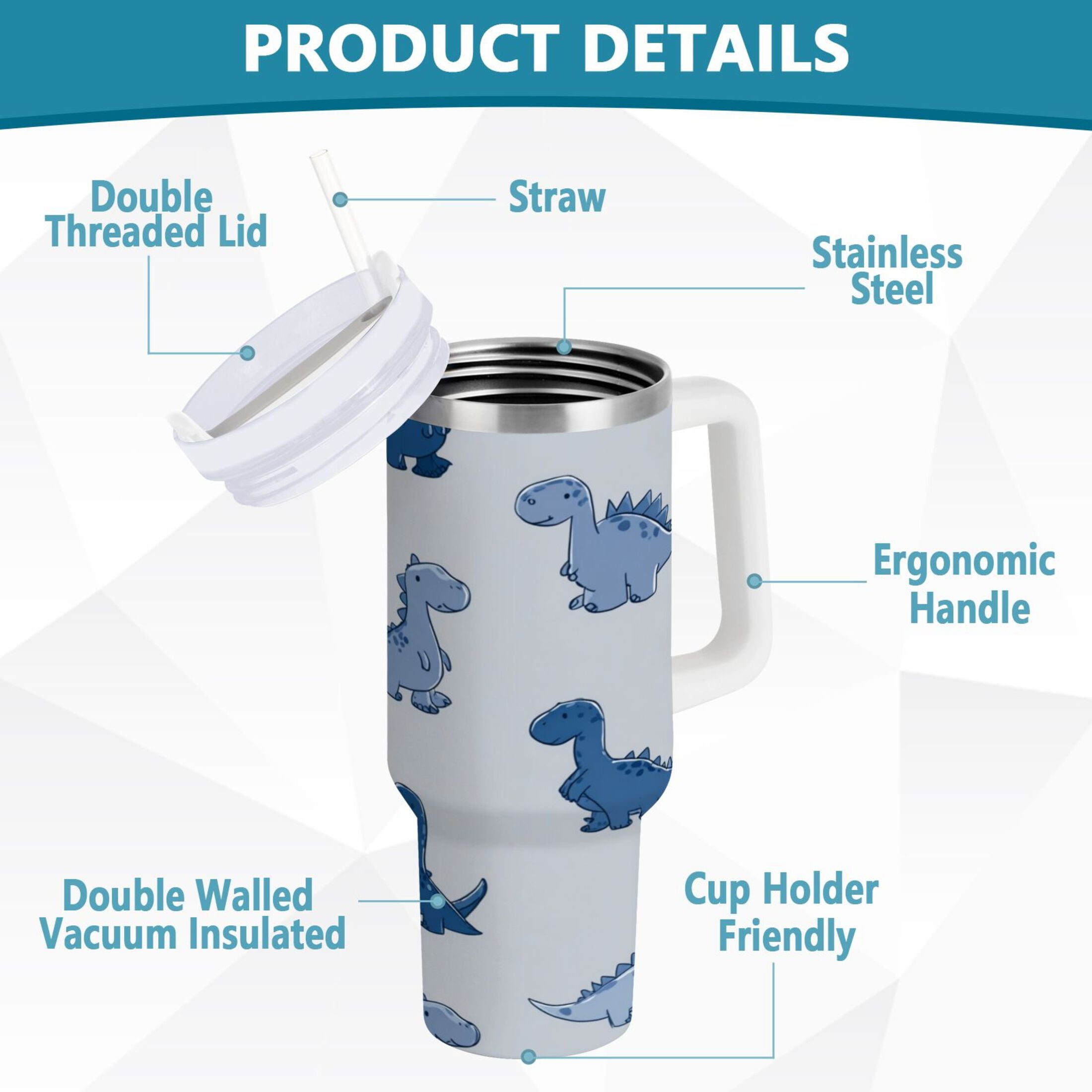 30 oz Insulated Stainless Steel Tumbler Double Wall Stainless Steel Tumbler with 2-Way Drinking Cute Blue Dinosaurs M580U