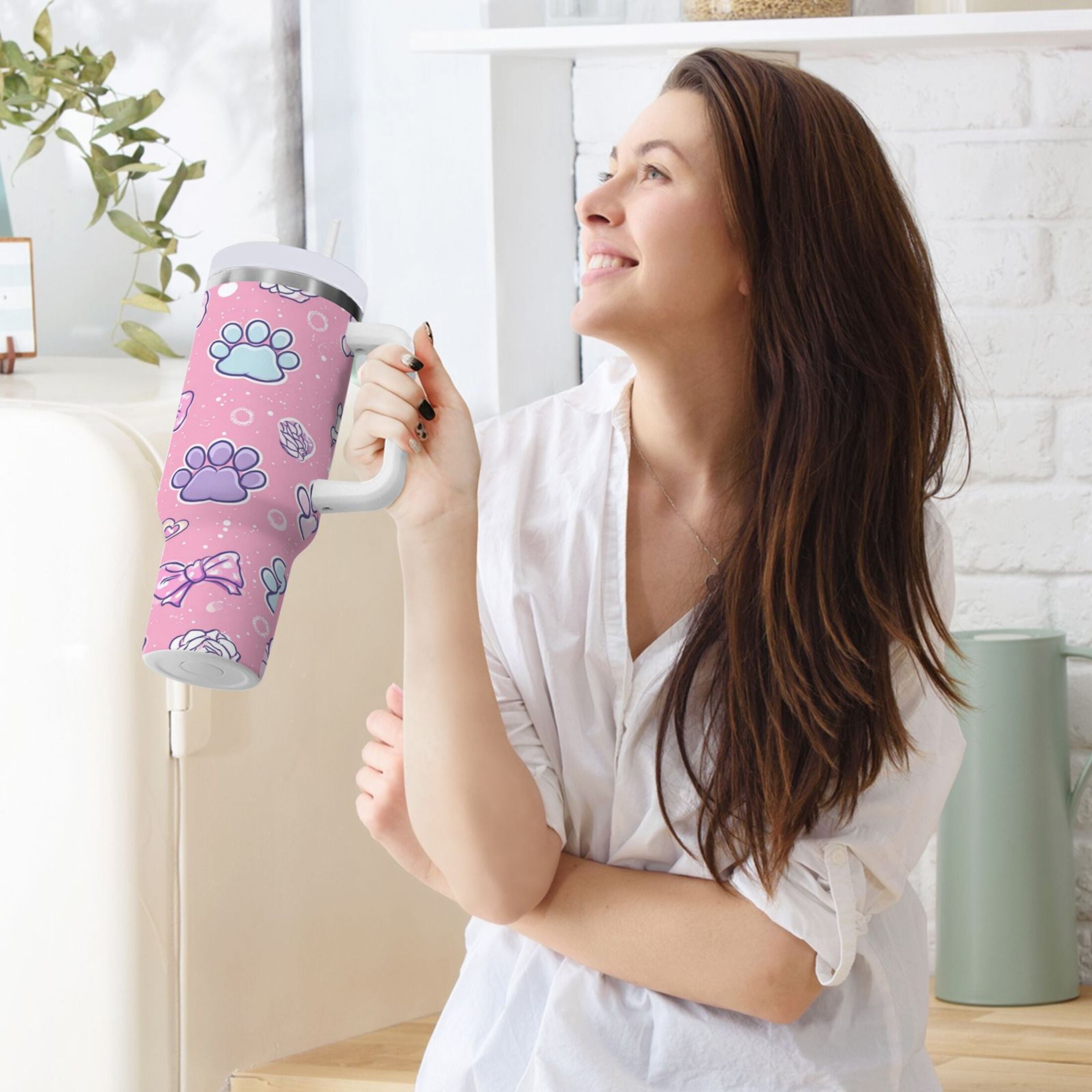 30 oz Insulated Stainless Steel Tumbler Double Wall Stainless Steel Tumbler with 2-Way Drinking Dog Paw Prints and Bows M648H