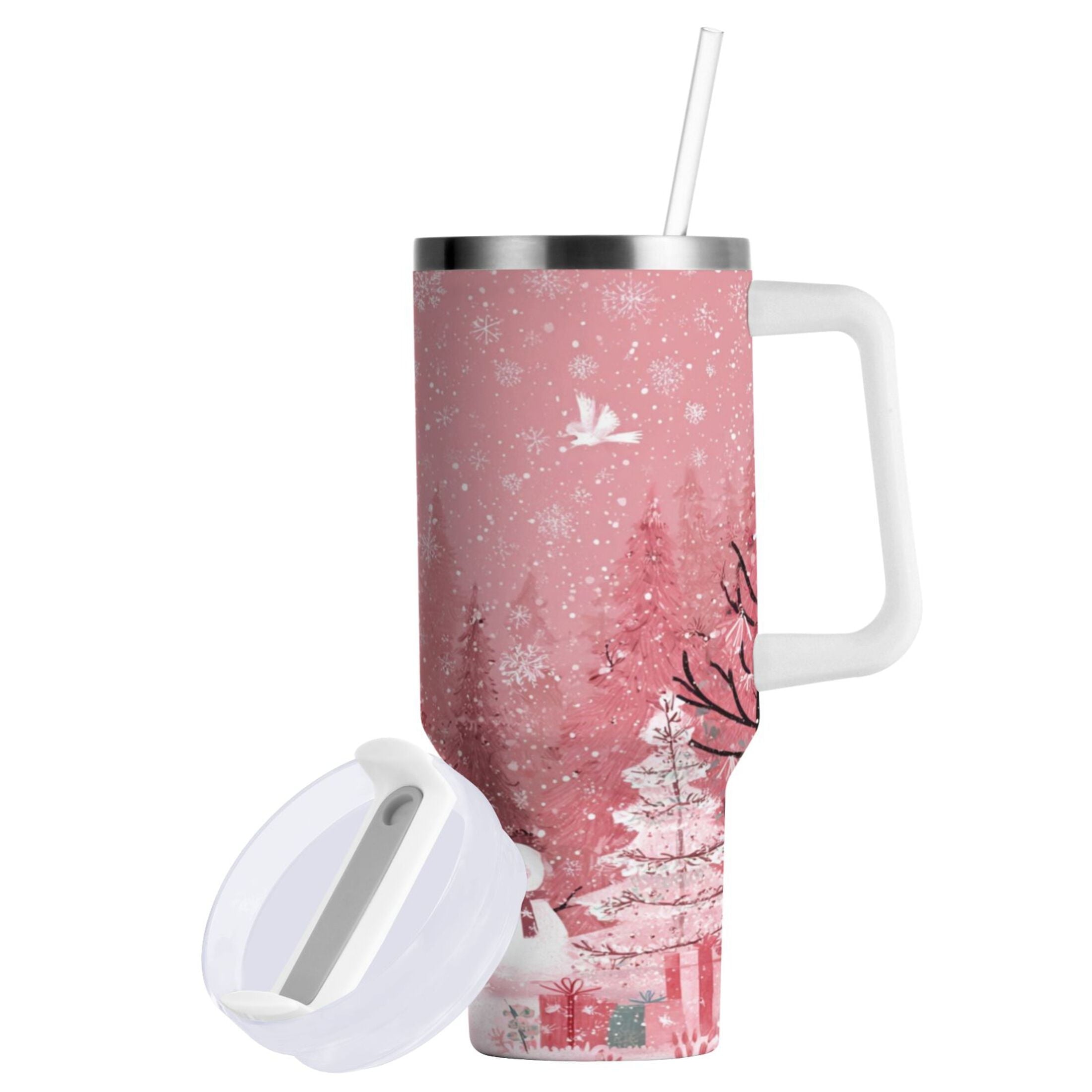 40 oz Insulated Stainless Steel Tumbler Double Wall Stainless Steel Tumbler with 2-Way Drinking Christmas Forest with Snowmen M428E